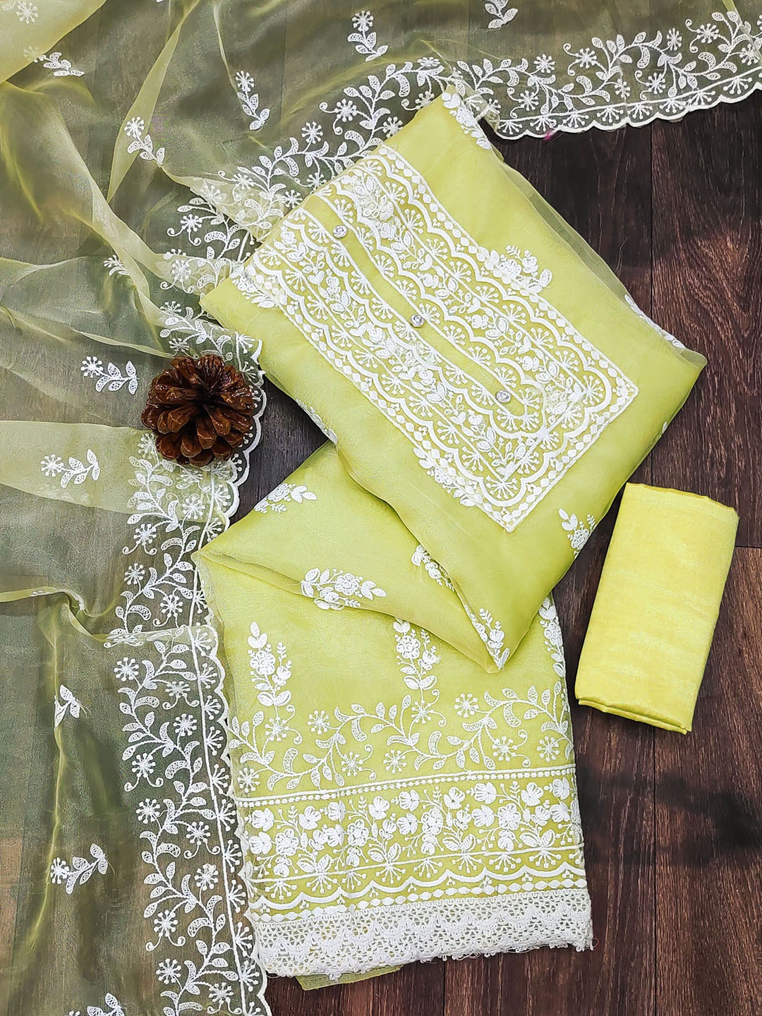 

SAINOOR Floral Embroidered Organza Unstitched Dress Material, Yellow