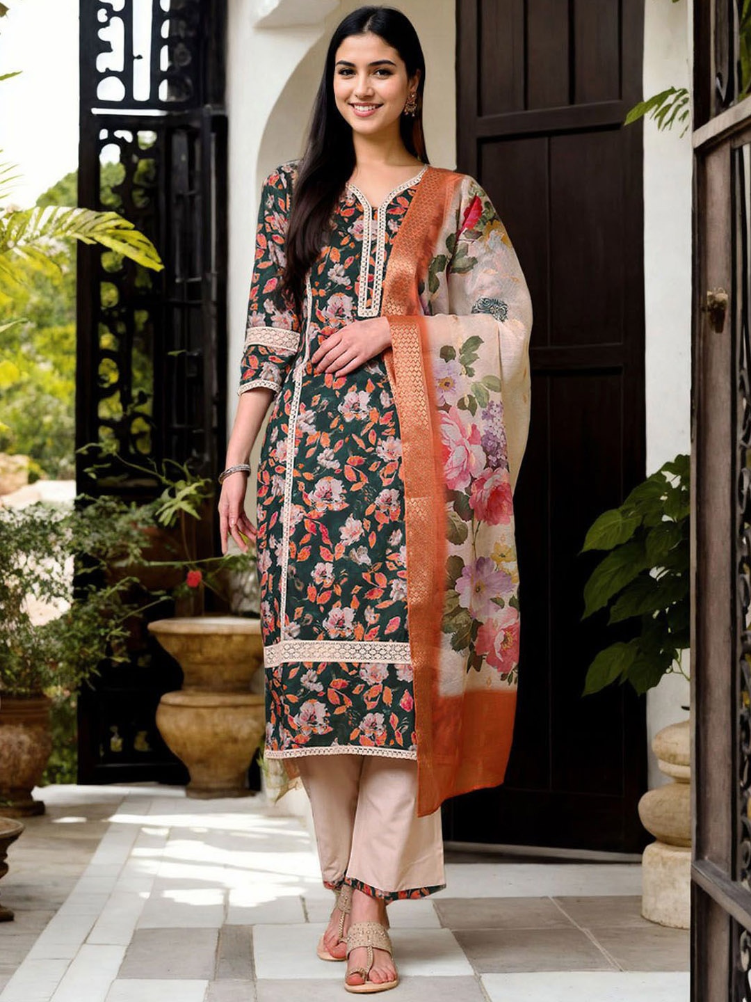 

Anouk Floral Printed V-Neck Straight Pure Cotton Kurta With Trousers And Dupatta, Green