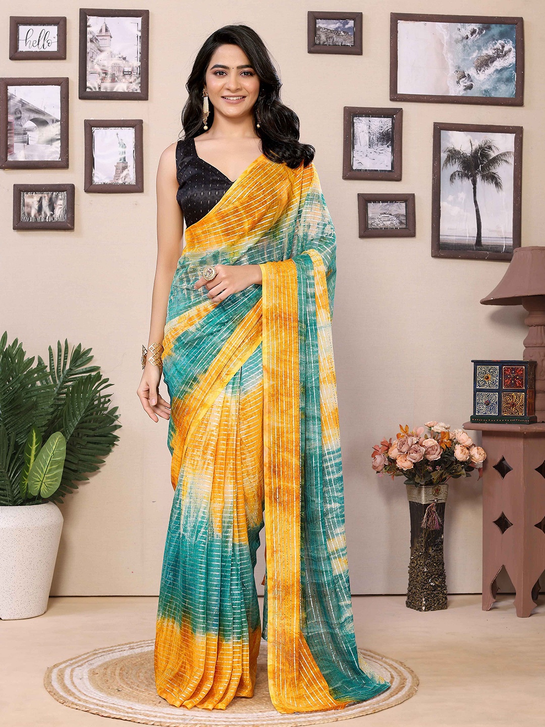

Rhey Striped Printed Ready to Wear Saree, Mustard