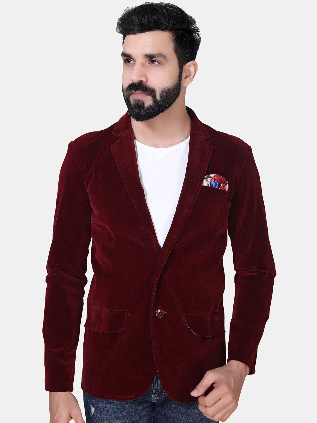 

Avaeta Notched Laple Collar Single-Breasted Velvet Blazer, Maroon