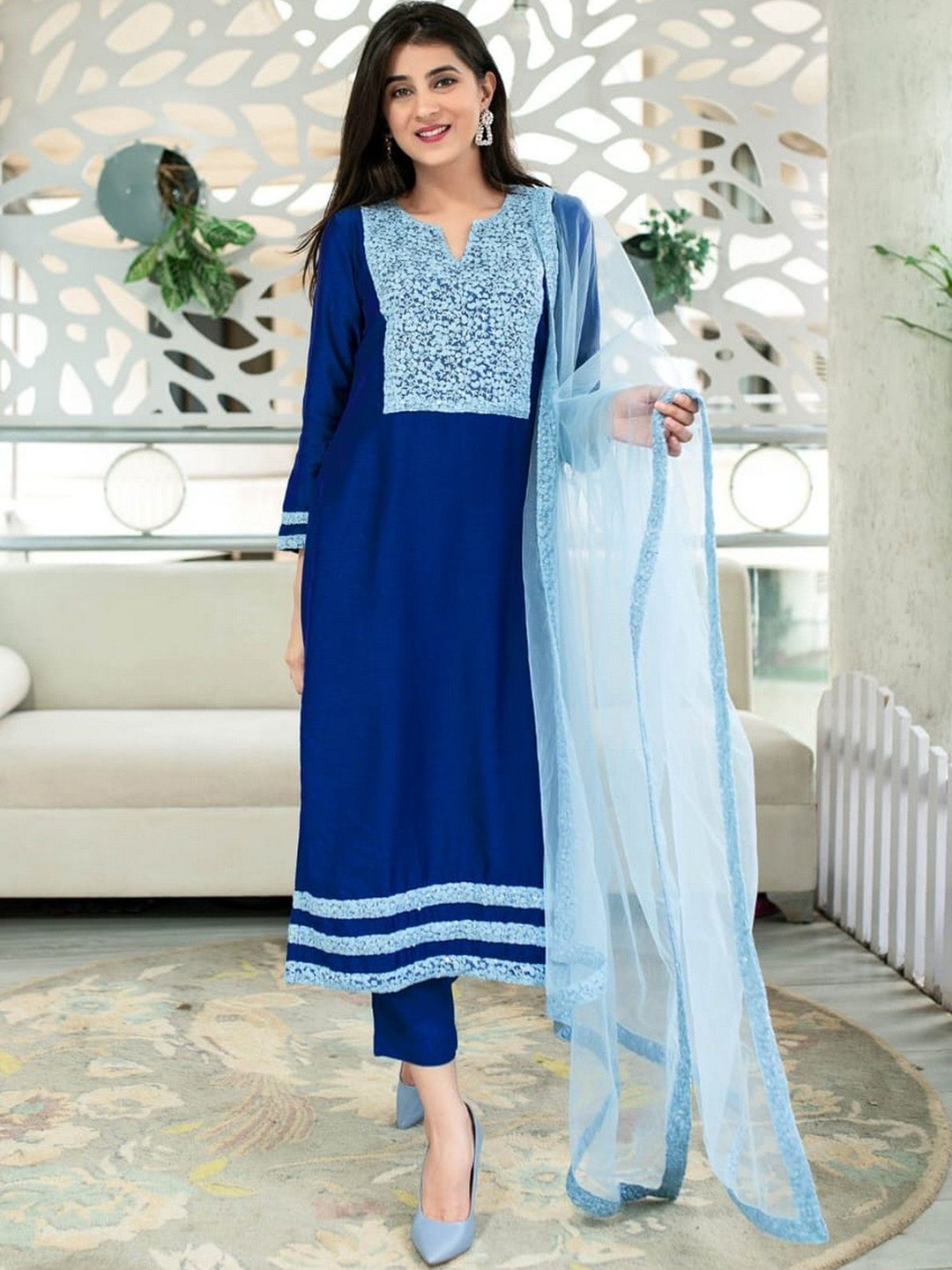 

mimi design Women Regular Thread Work Kurta with Dhoti Pants & With Dupatta, Blue