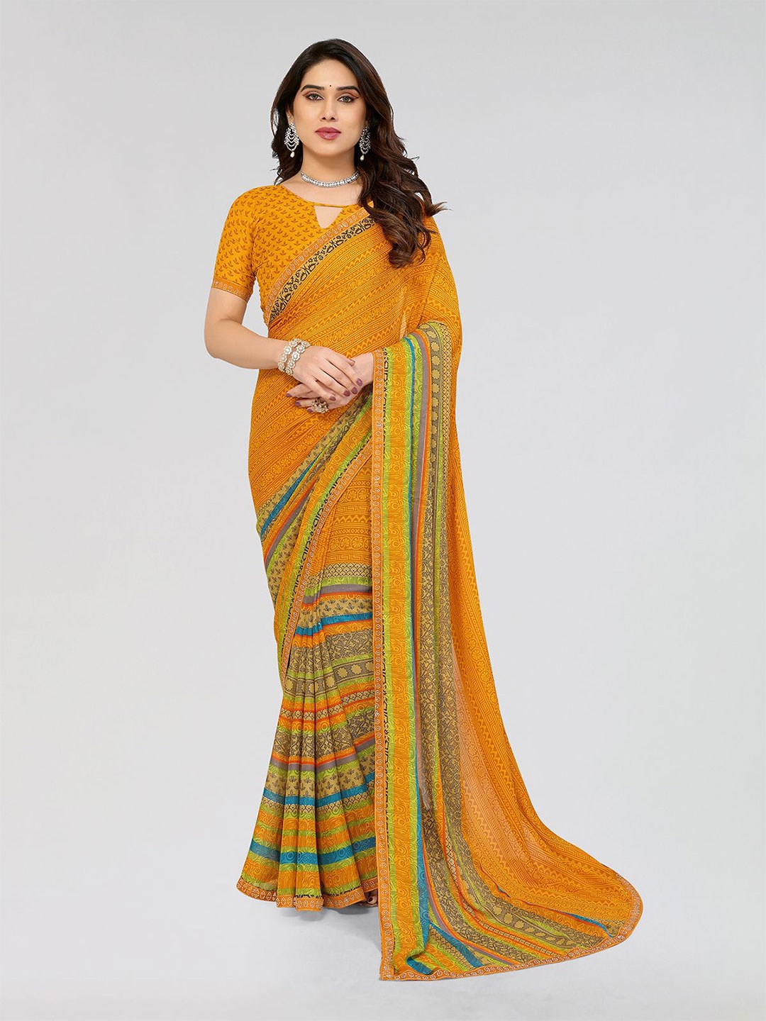 

Moda Rapido Ethnic Motifs Printed With Embellished Beads And Stones Border Saree, Yellow