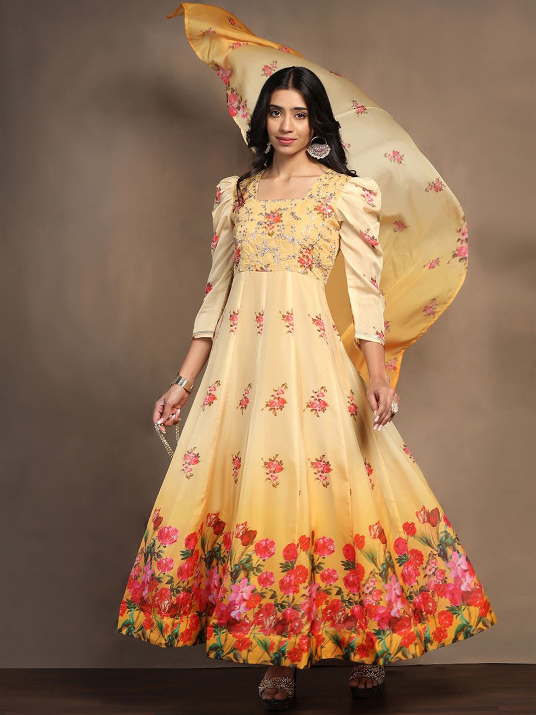 

Sangria Floral Printed with Embriodered Flared Kurta & Trouser With Dupatta, Yellow