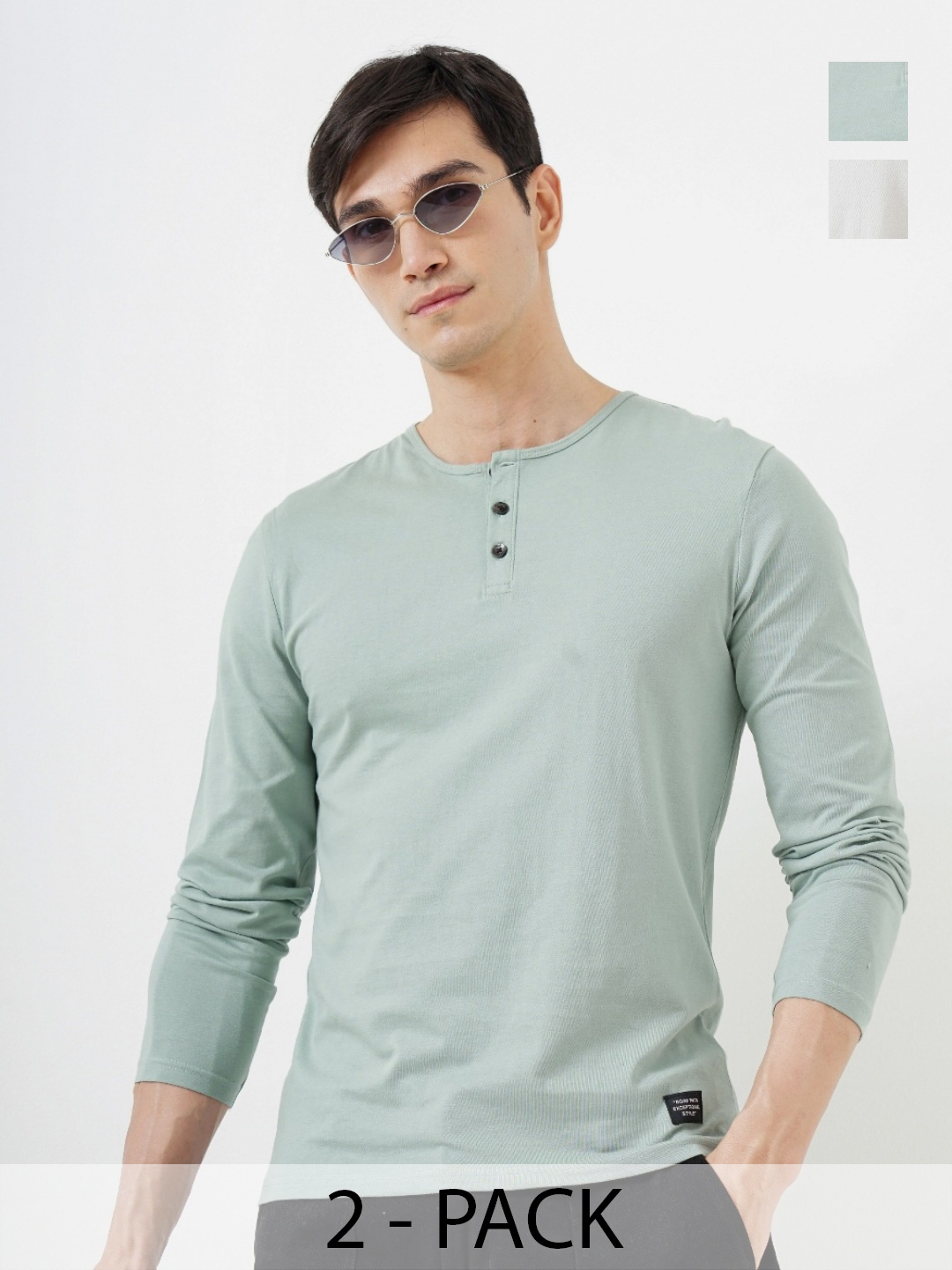 

Genoa Men Pack of 2 Solid Henley Neck Cotton T-shirts, Off white