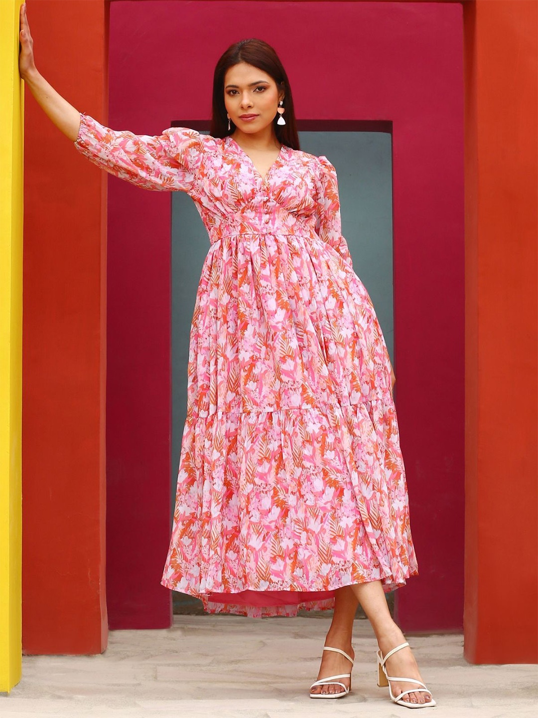 

NOUN Floral Print Bishop Sleeve Georgette Fit & Flare Maxi Dress, Pink