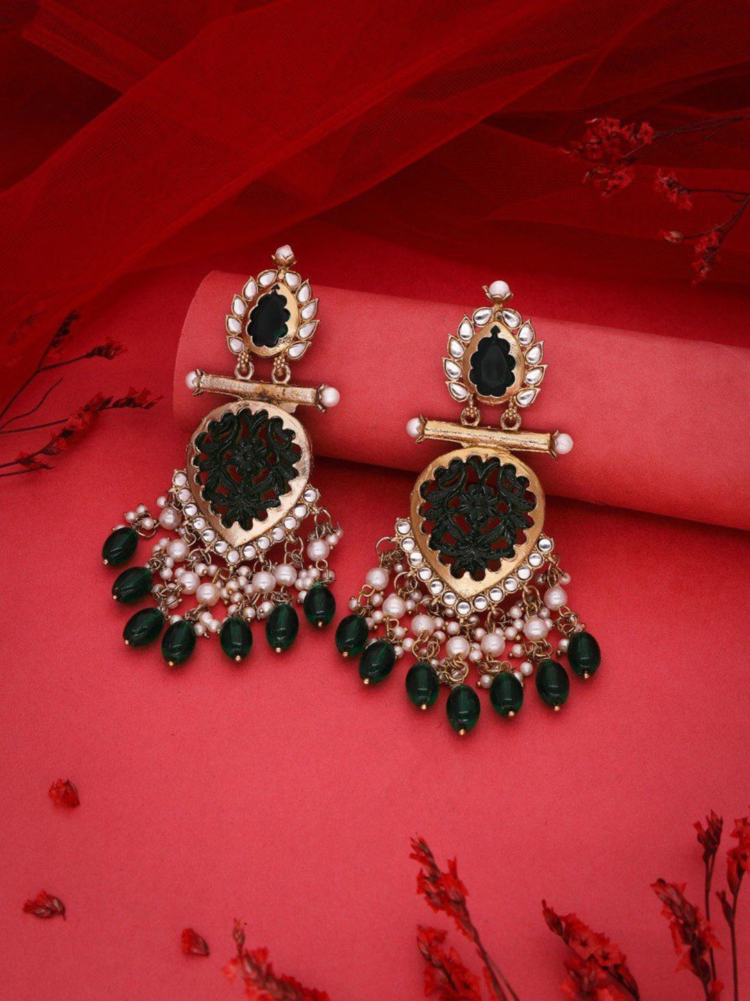 

Lyriss Gold Plated Artificial Stones Studded and Beaded Contemporary Shaped Drop Earrings