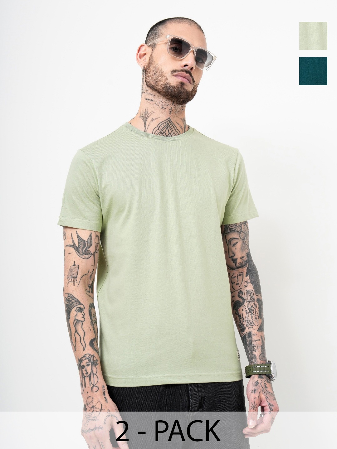 

Genoa Men Pack of 2 Solid Round Neck Slim Fit Cotton T-shirts, Green