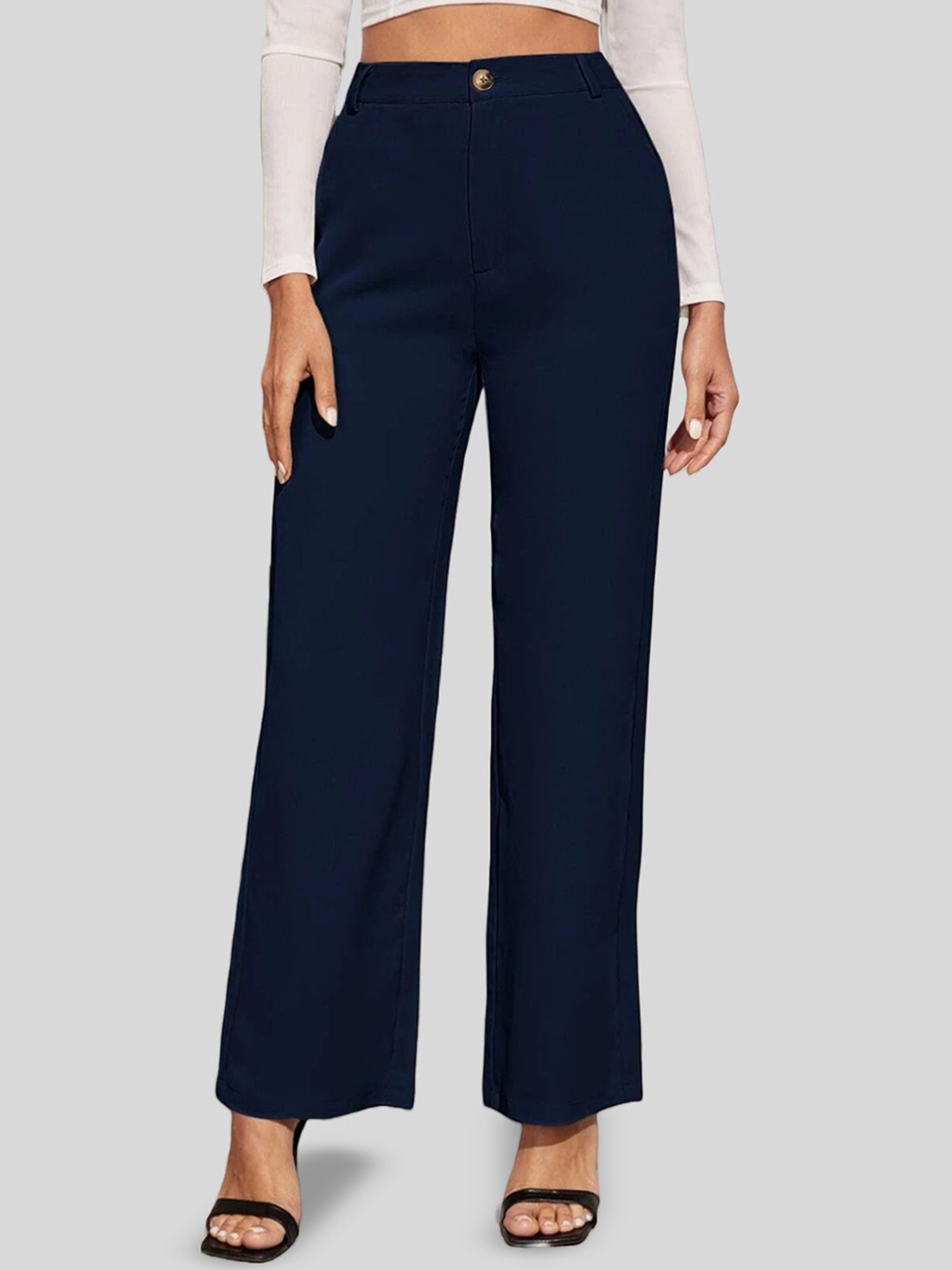 

FNOCKS Women Relaxed Straight Leg High-Rise Trousers, Blue