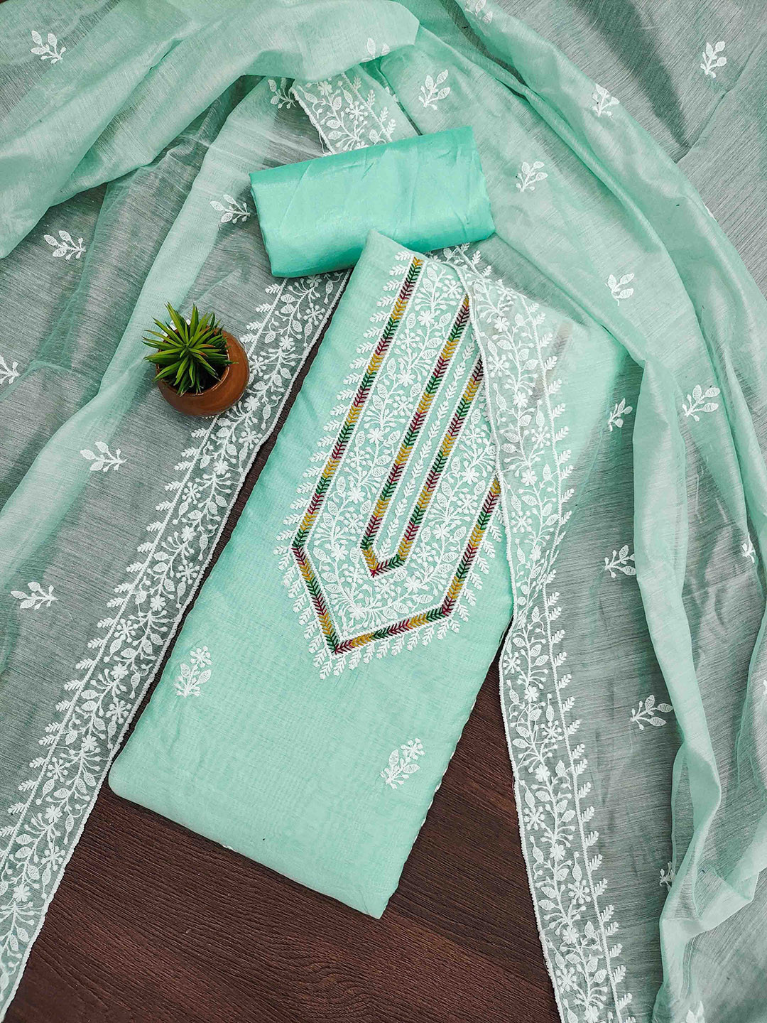 

KALINI Embroidered Unstitched Dress Material, Sea green