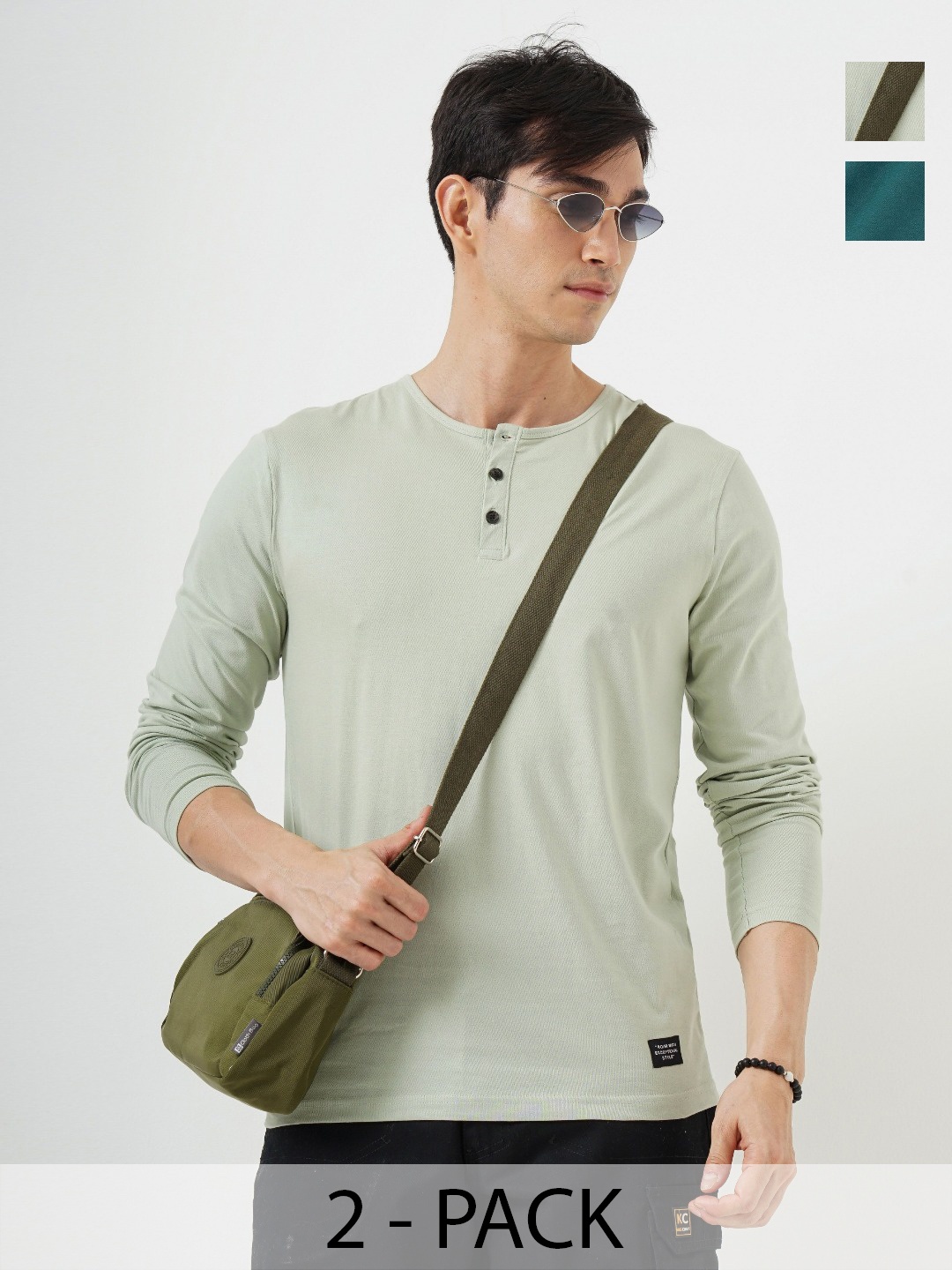 

Genoa Men 2 Henley Neck Pure Cotton Slim Fit T-shirt, Green