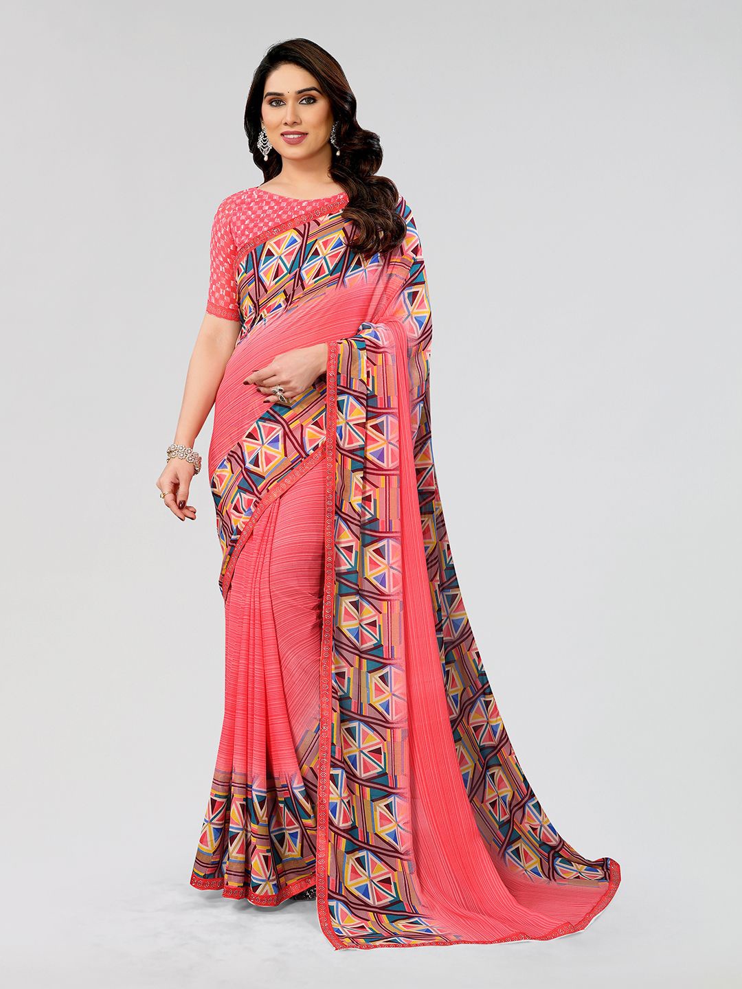 

Moda Rapido Geometric Printed Saree, Pink