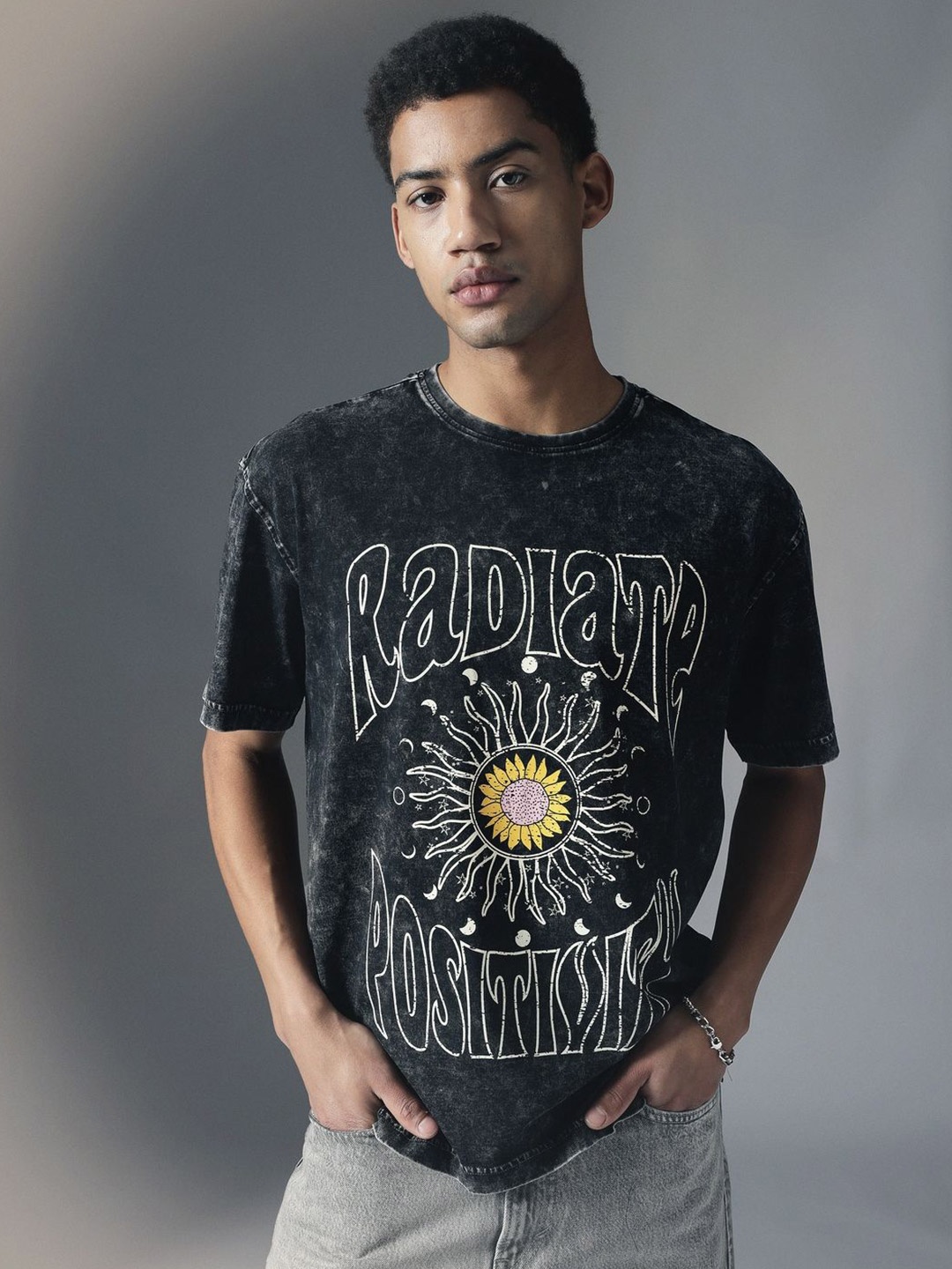 

H&M Acid Wash Crew Neck T-Shirt, Black