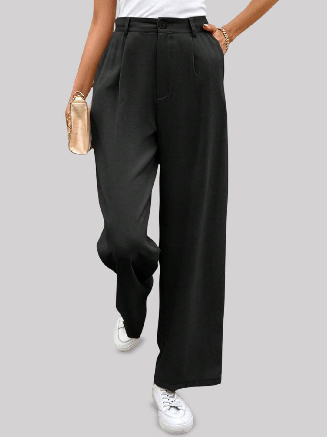 

FNOCKS Women Rustic Smart Skinny Fit High-Rise Pleated Trousers, Black
