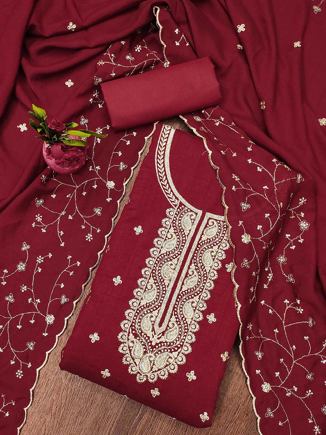 

SAINOOR Floral Embroidered Unstitched Dress Material, Maroon