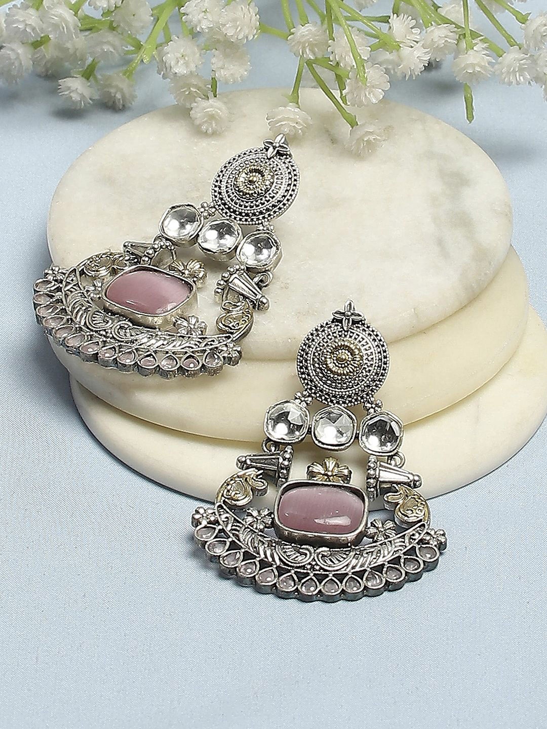 

Biba Silver-Plated Artificial Stones Studded Contemporary Shaped Drop Earrings, Pink