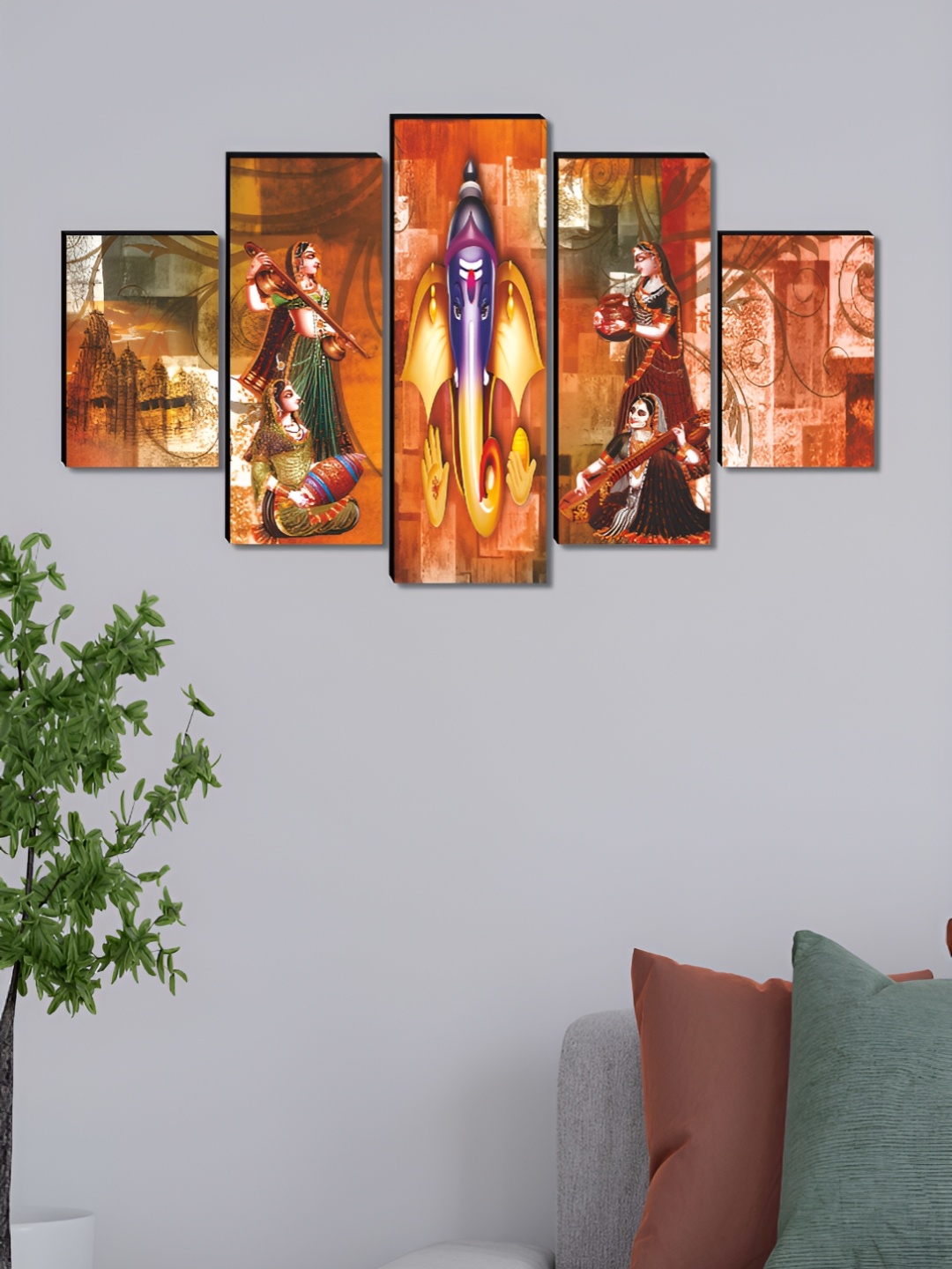 

Aura Orange & Green 5 Pieces Wooden Ganesha Religious Wall Art