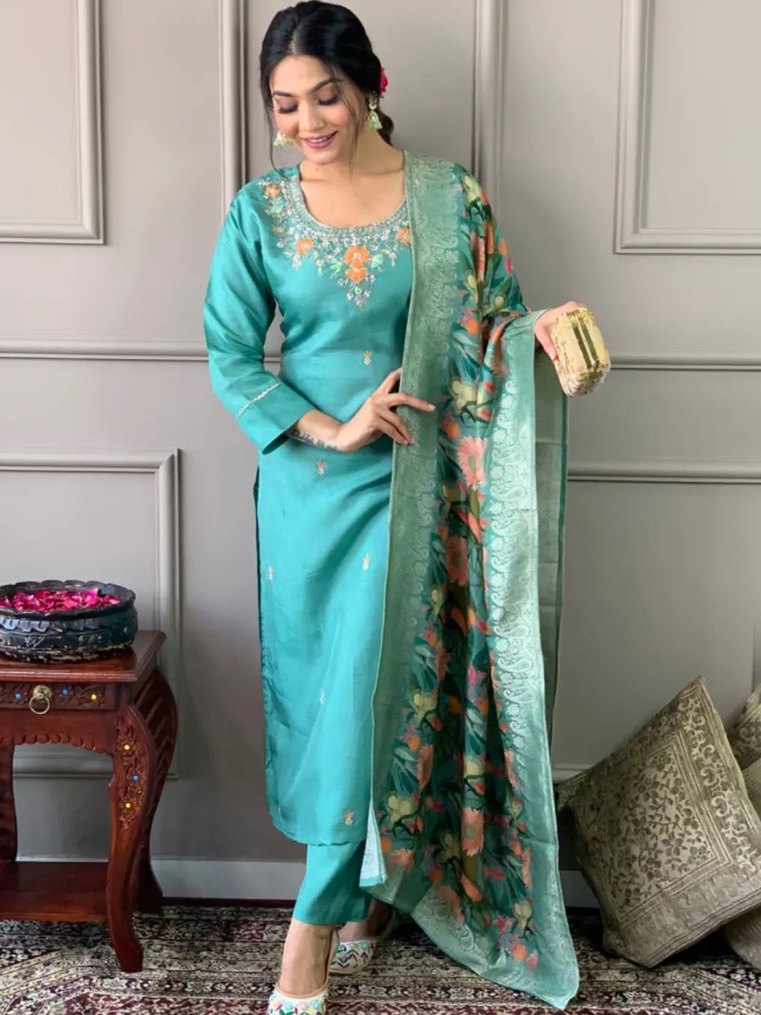 

NIRMAL CREATION Floral Embroidered Pure Cotton Kurta With Trousers & Dupatta, Blue