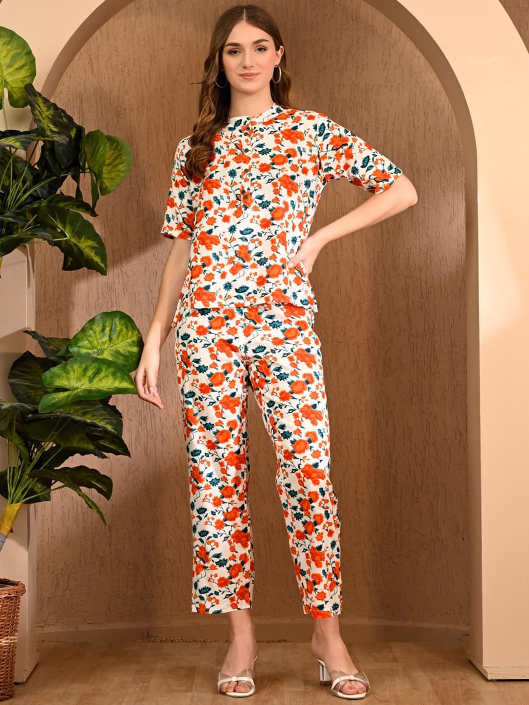 

SUNEKH Floral Printed Mandarin Collar Top & Trouser, White