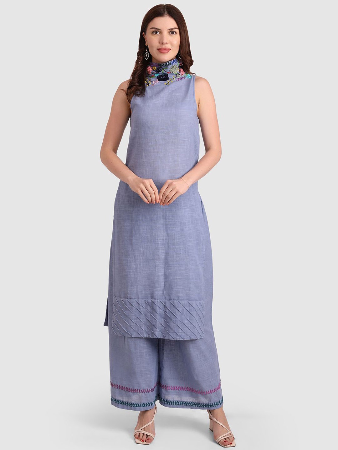 

fabbit Women Ethnic Motifs Embroidered Thread Work Pure Cotton Kurta with Palazzos, Blue