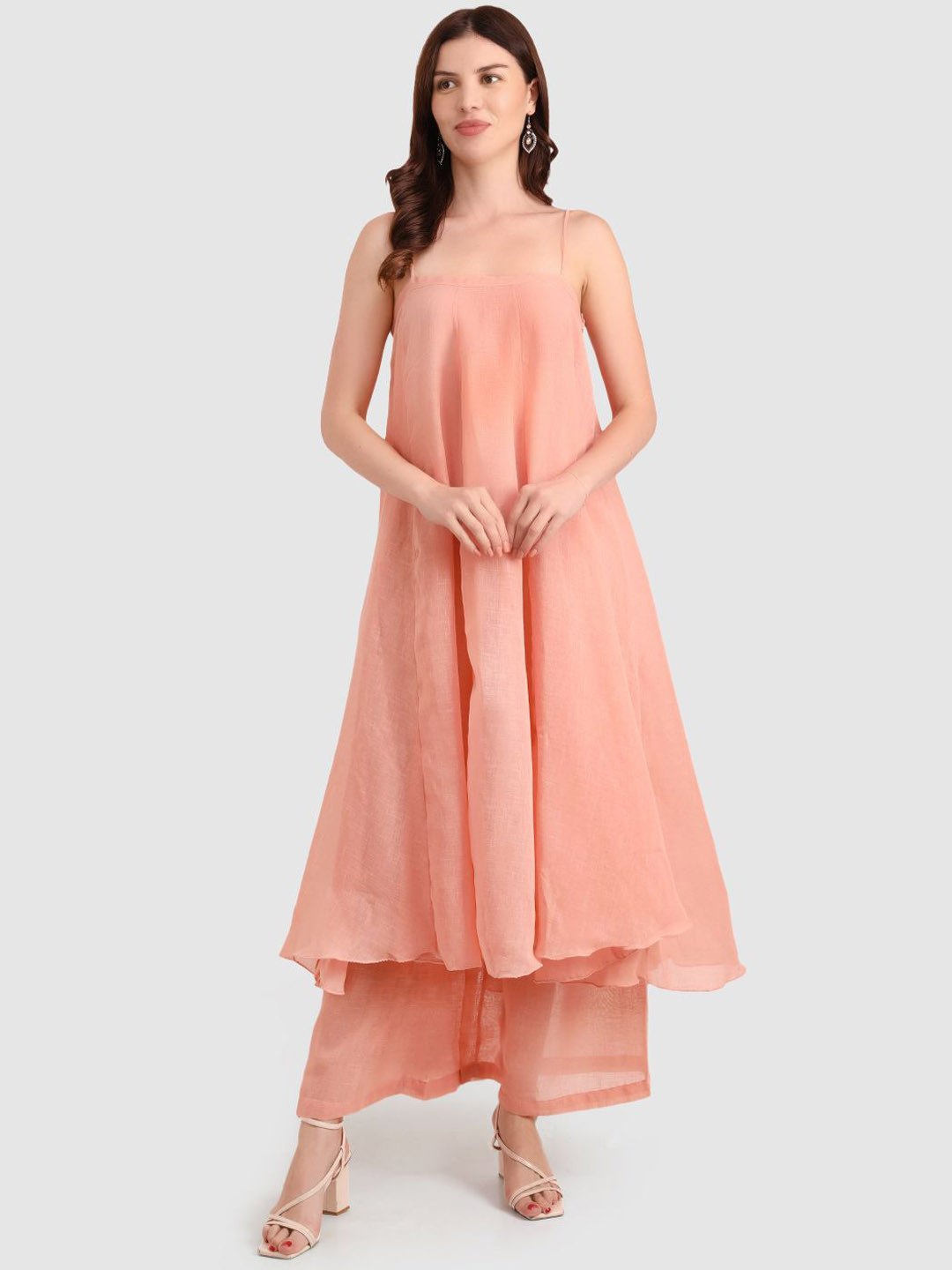 

fabbit Ethnic Shoulder Straps A-Line Pure Cotton Kurta with Palazzos, Peach