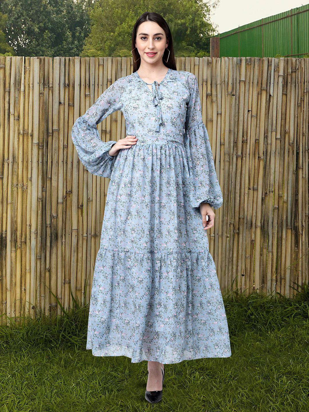 

Moda Rapido Floral Print Tie-Up Neck Applique Fit & Flare Dress, Grey