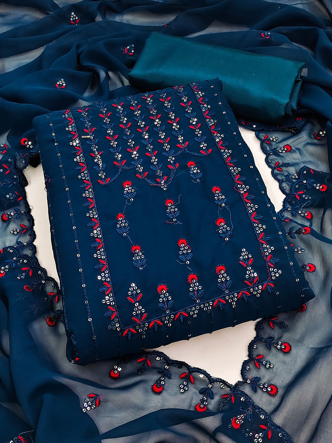 

SAINOOR Floral Embroidered Silk Georgette Unstitched Dress Material, Blue