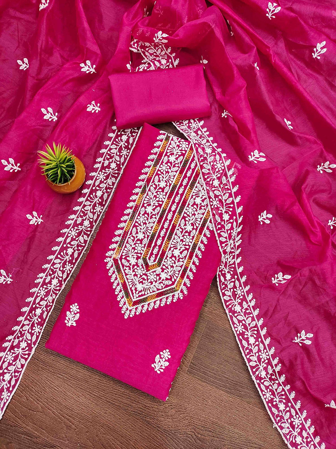 

KALINI Embroidered Unstitched Dress Material, Magenta