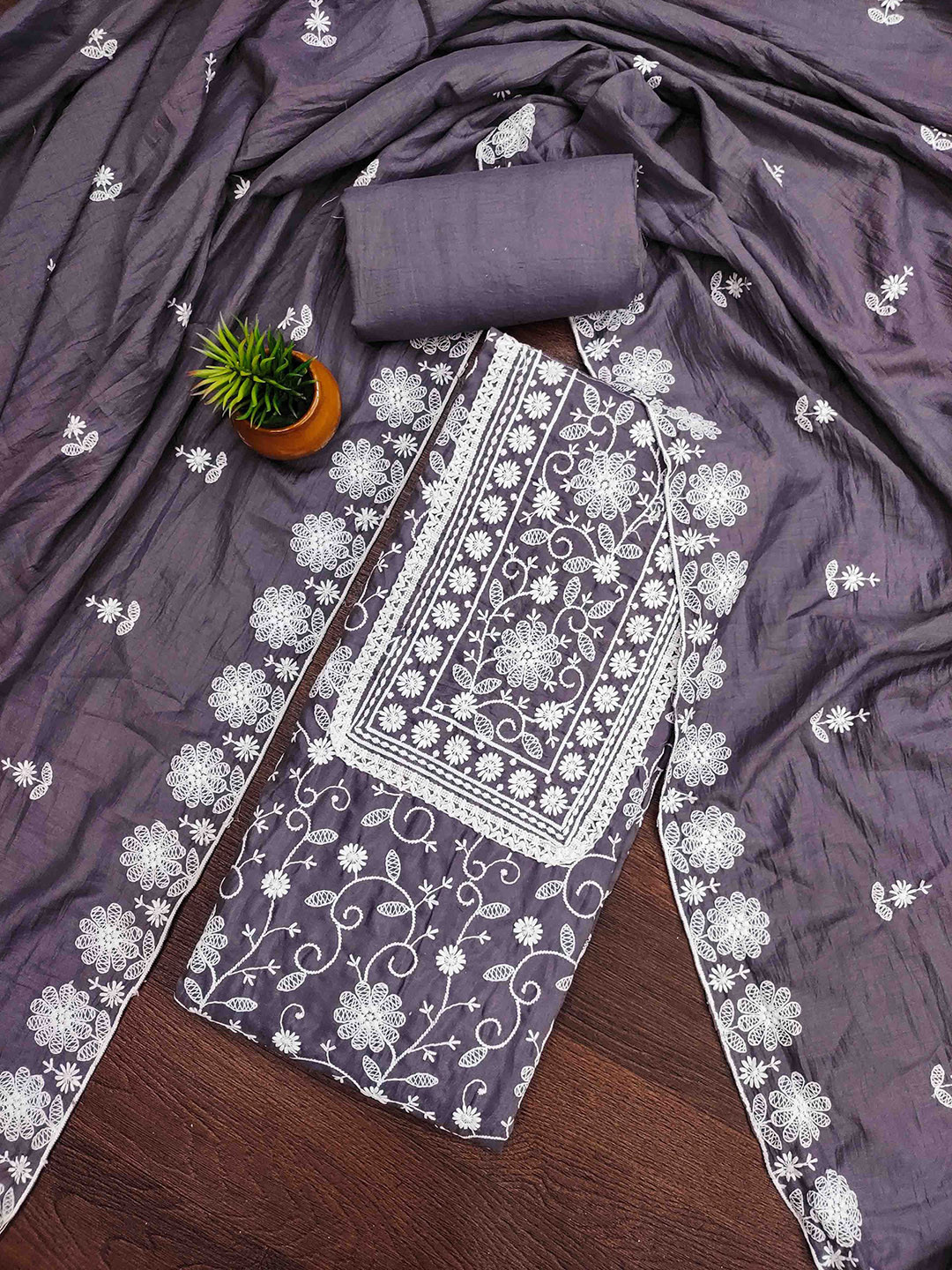 

KALINI Embroidered Unstitched Dress Material, Grey
