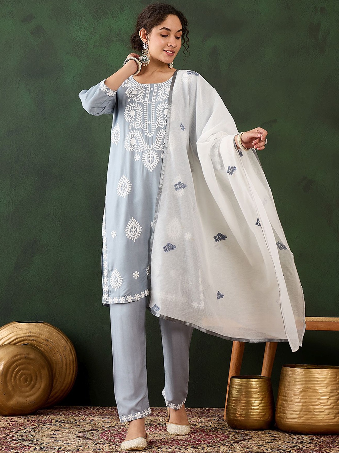 

Maroosh Floral Embroidered Round Neck Thread Work Kurta With Trousers & Dupatta, Grey