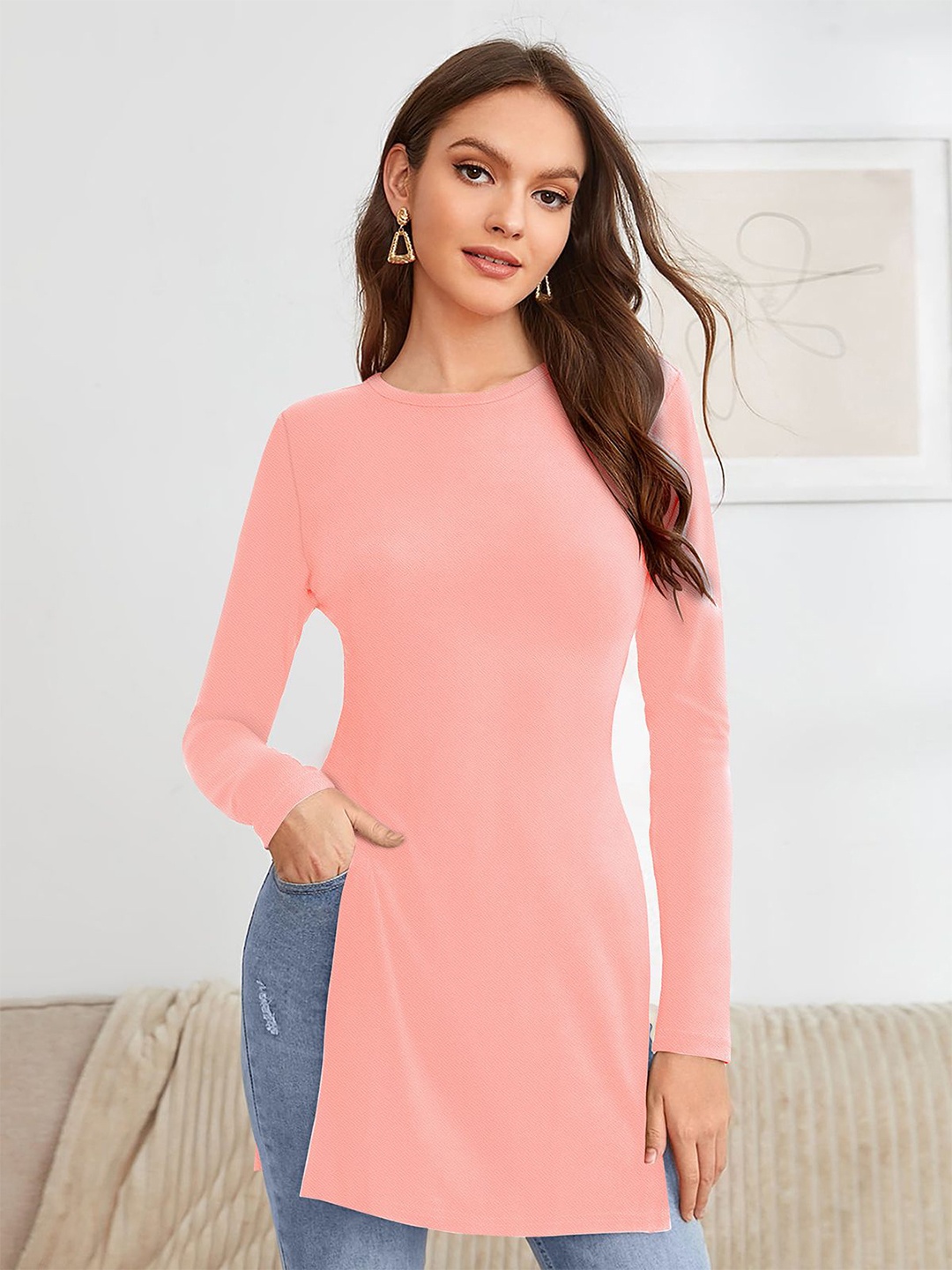 

CORSICA Round Neck Fitted Longline Top, Peach