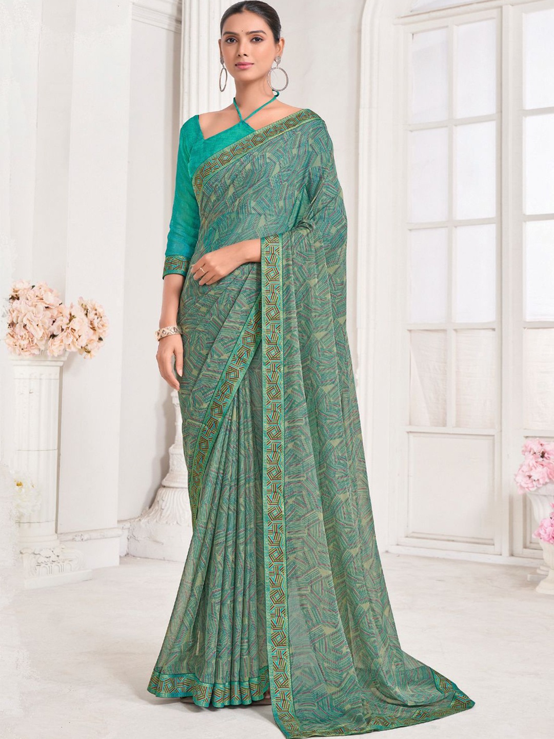 

DIVASTRI Poly Chiffon Saree, Teal