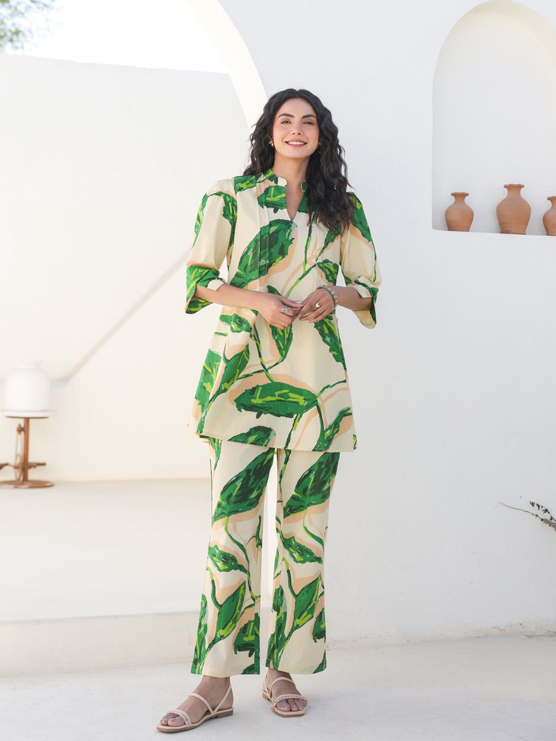 

JISORA Printed Pure Cotton Mandarin Collar Neck Top With Trouser Co-Ords, Cream