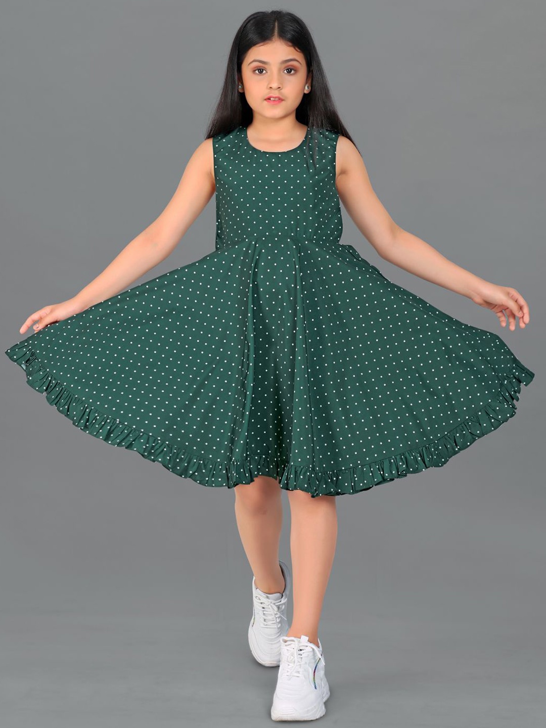 

YK Girls Polka Dot Printed Sleeveless Ruffles Fit & Flare Dress, Green
