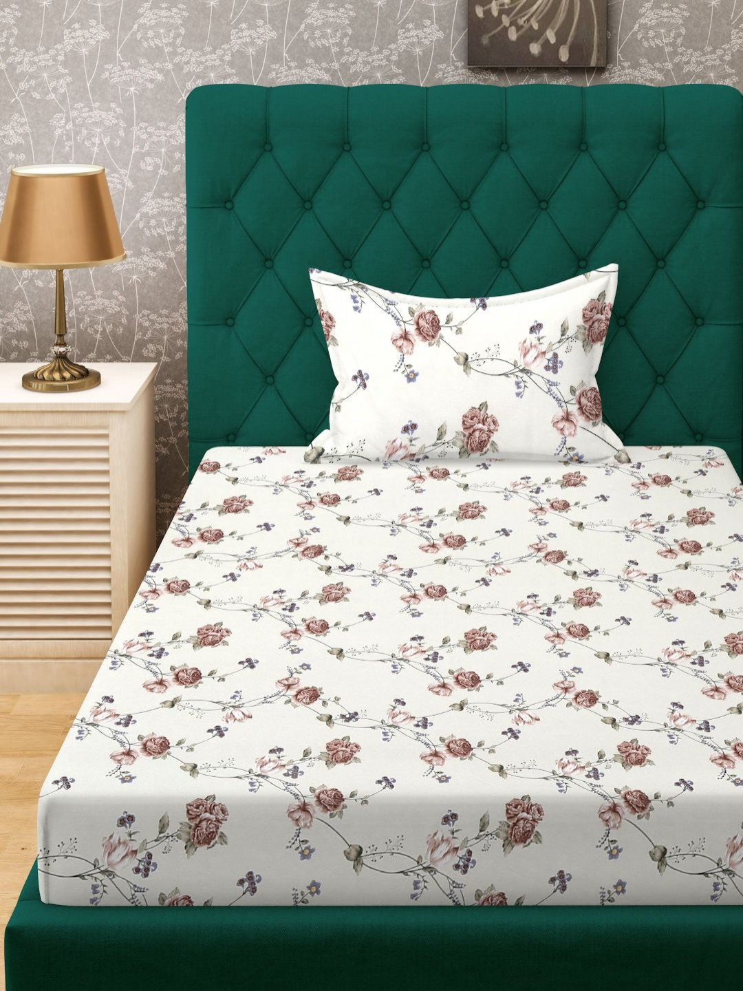 

KLOTTHE Beige & White Floral Printed Fitted 300TC Single Bed Sheet with Pillow Cover
