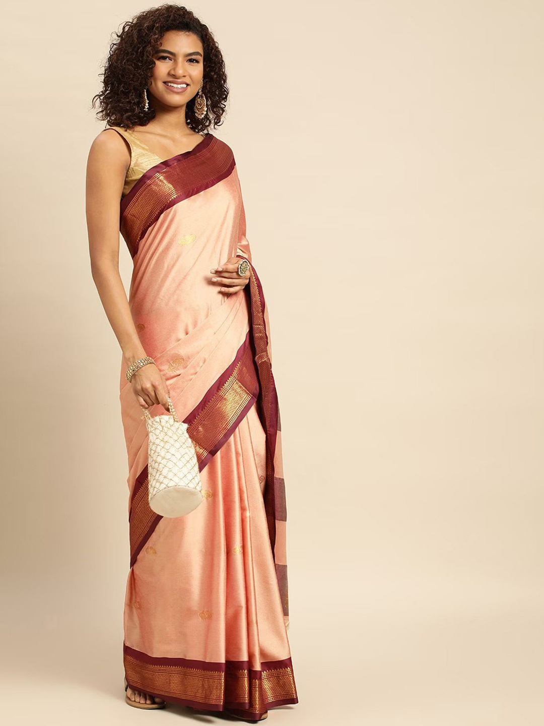 

yourwish Woven Design Zari Silk Cotton Designer Kanjeevaram Saree, Peach