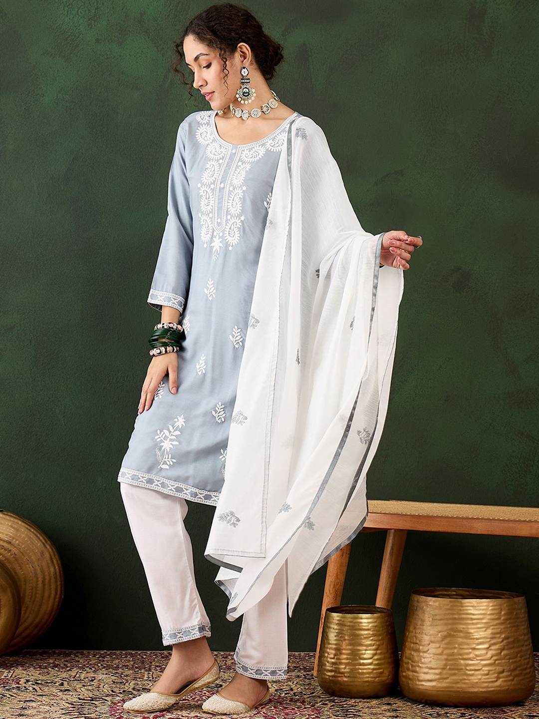 

Maroosh Paisley Embroidered Round Neck Thread Work Straight Kurta With Trouser & Dupatta, Grey