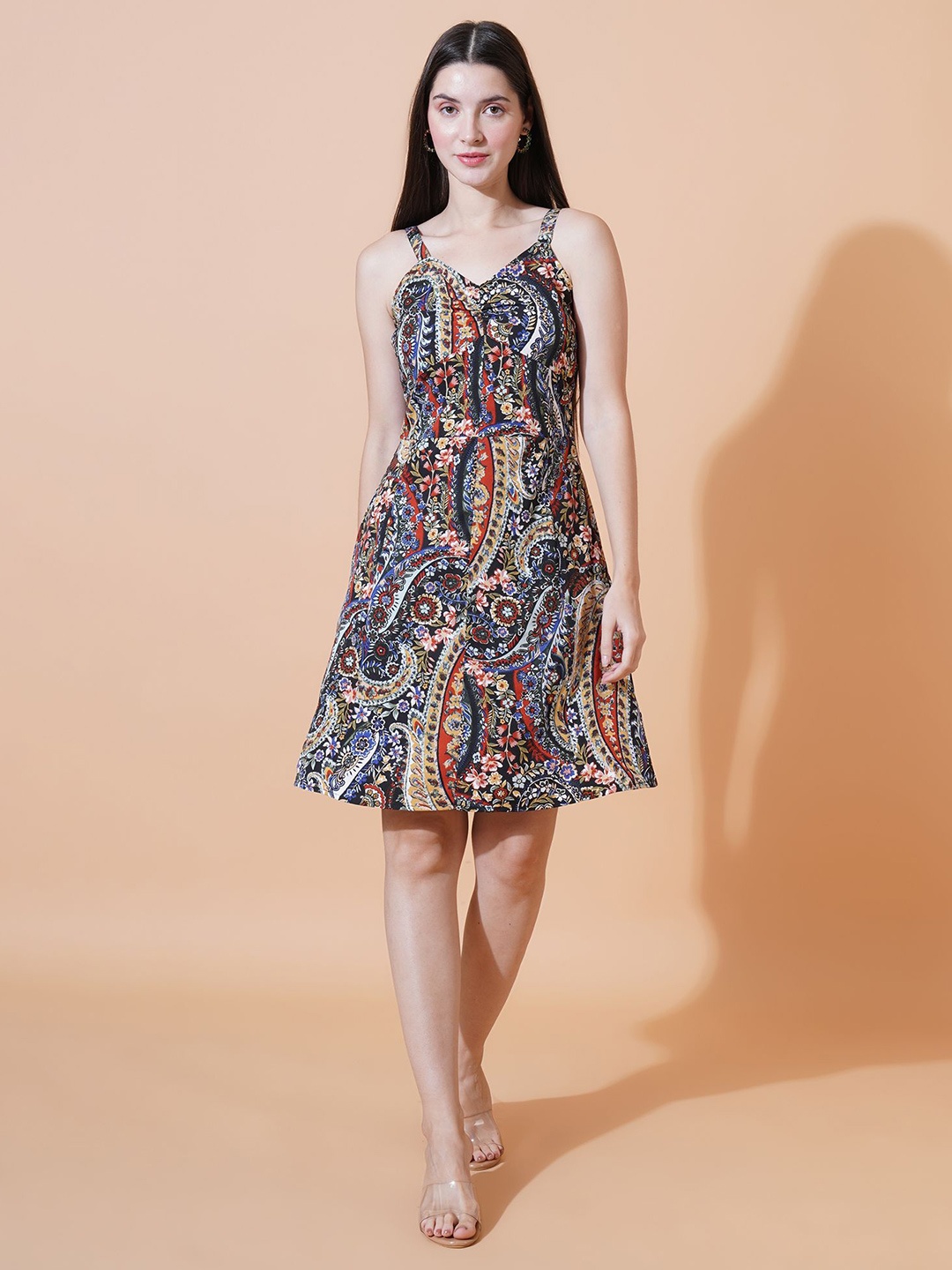 

IX IMPRESSION Ethnic Motifs Print A-Line Dress, Maroon