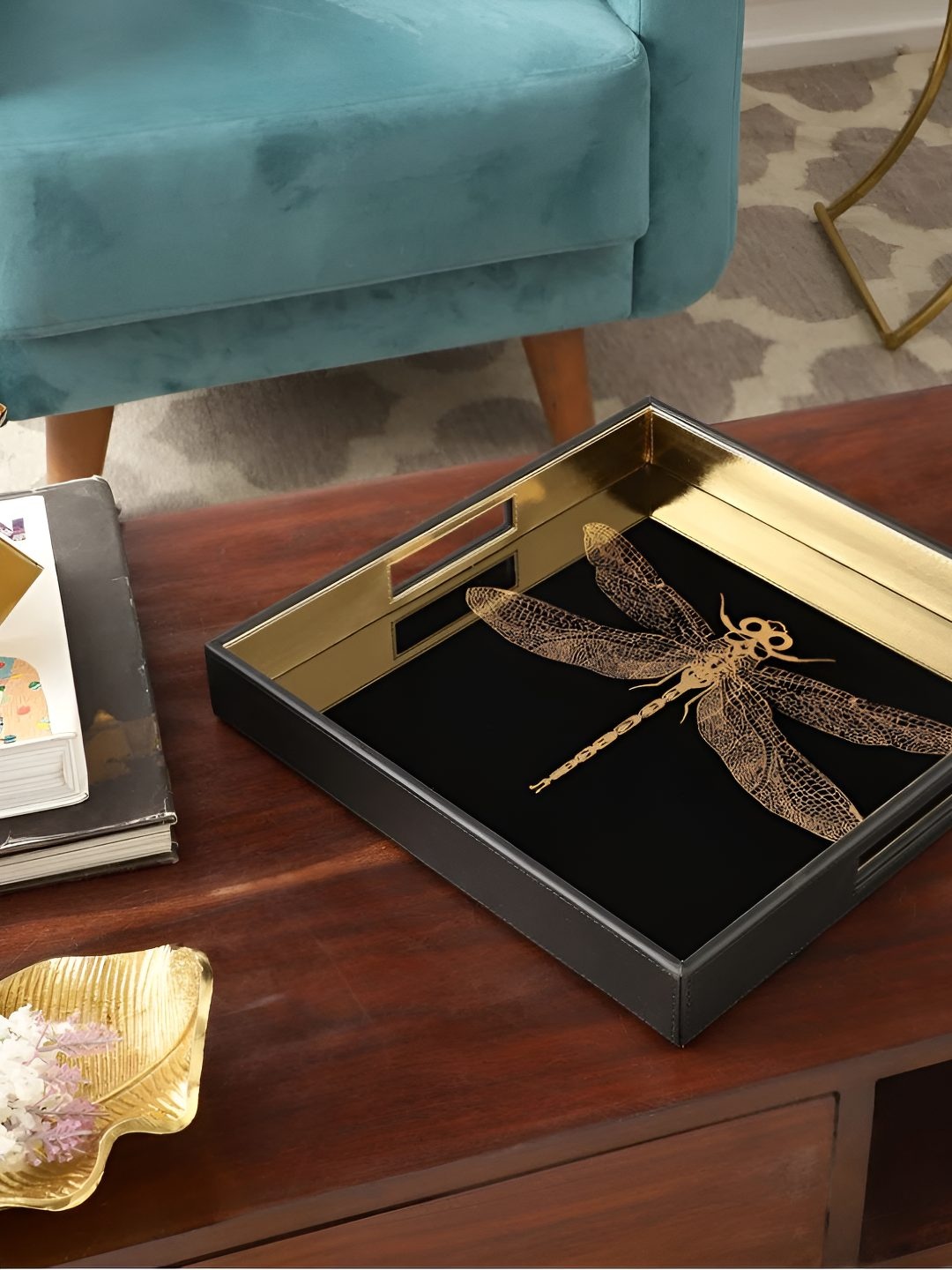 

Sammsara Cream-Coloured & Gold-Toned Azalea Dragonfly Square Leatherite Tray