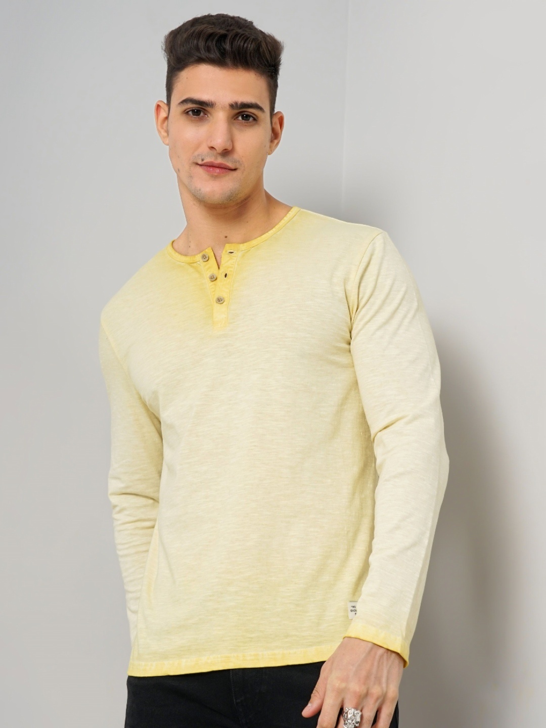 

Genoa Men Tie and Dye Dyed Henley Neck Slim Fit T-shirt, Yellow