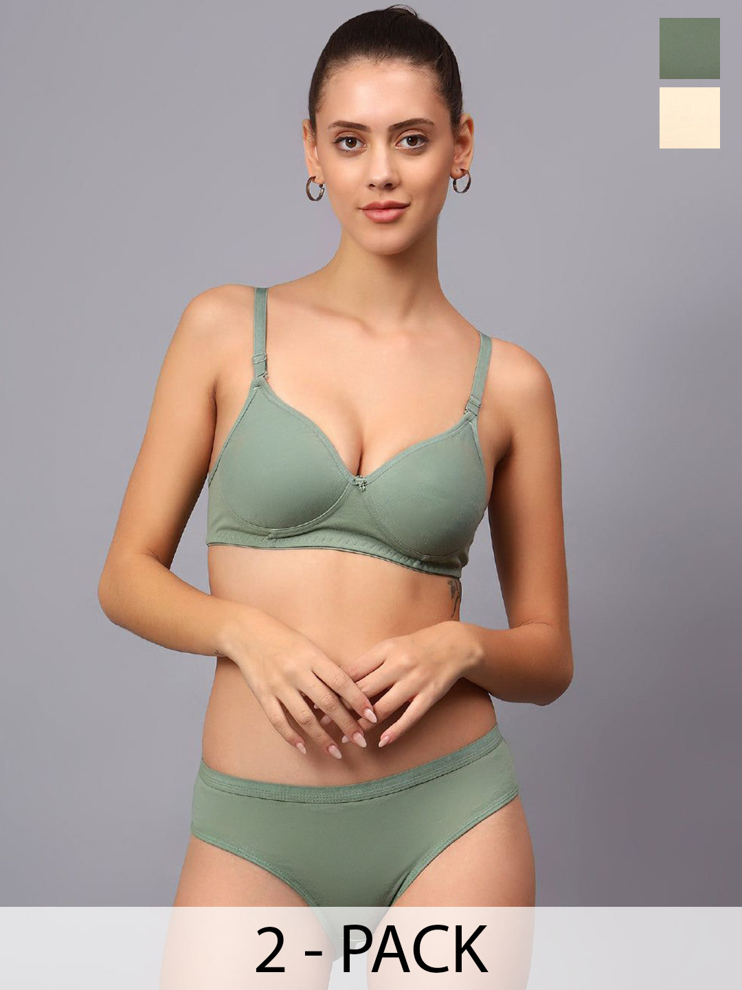 

Designer Bugs Pack Of 2 Cotton Non Padded Non Wired Lingerie Set NPLS-O-CRM-30B, Olive