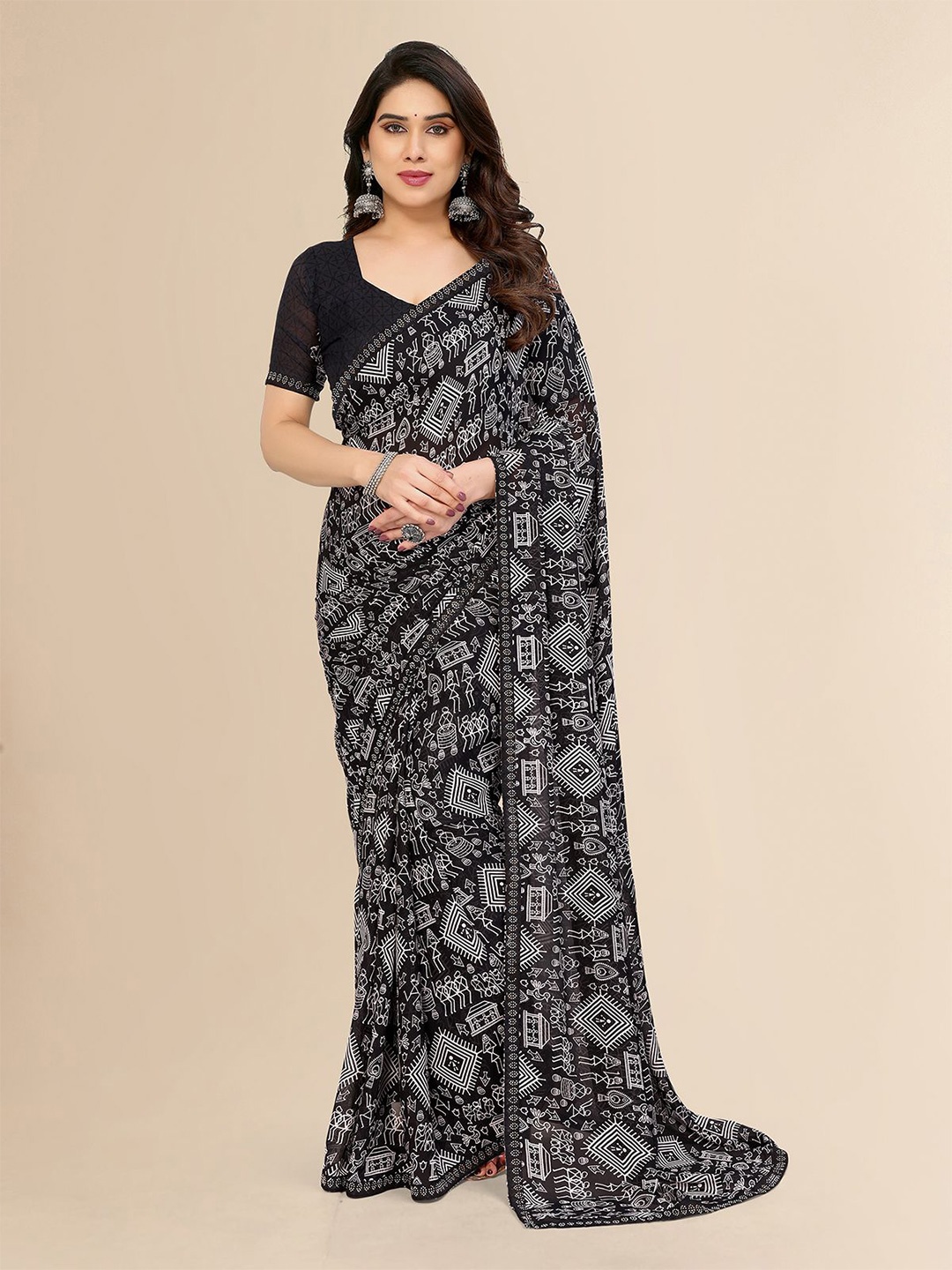 

Moda Rapido Women Kalamkari Printed Saree, Black