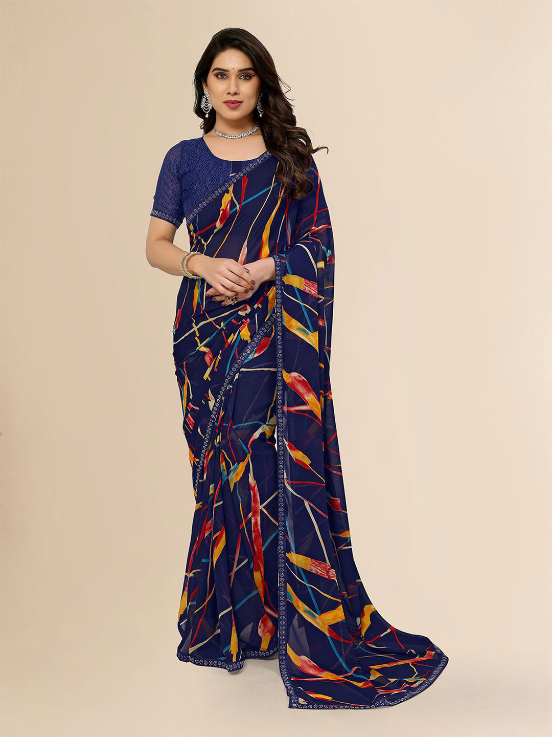 

Moda Rapido Embellished Lace Border Printed Saree With Blouse Piece, Blue