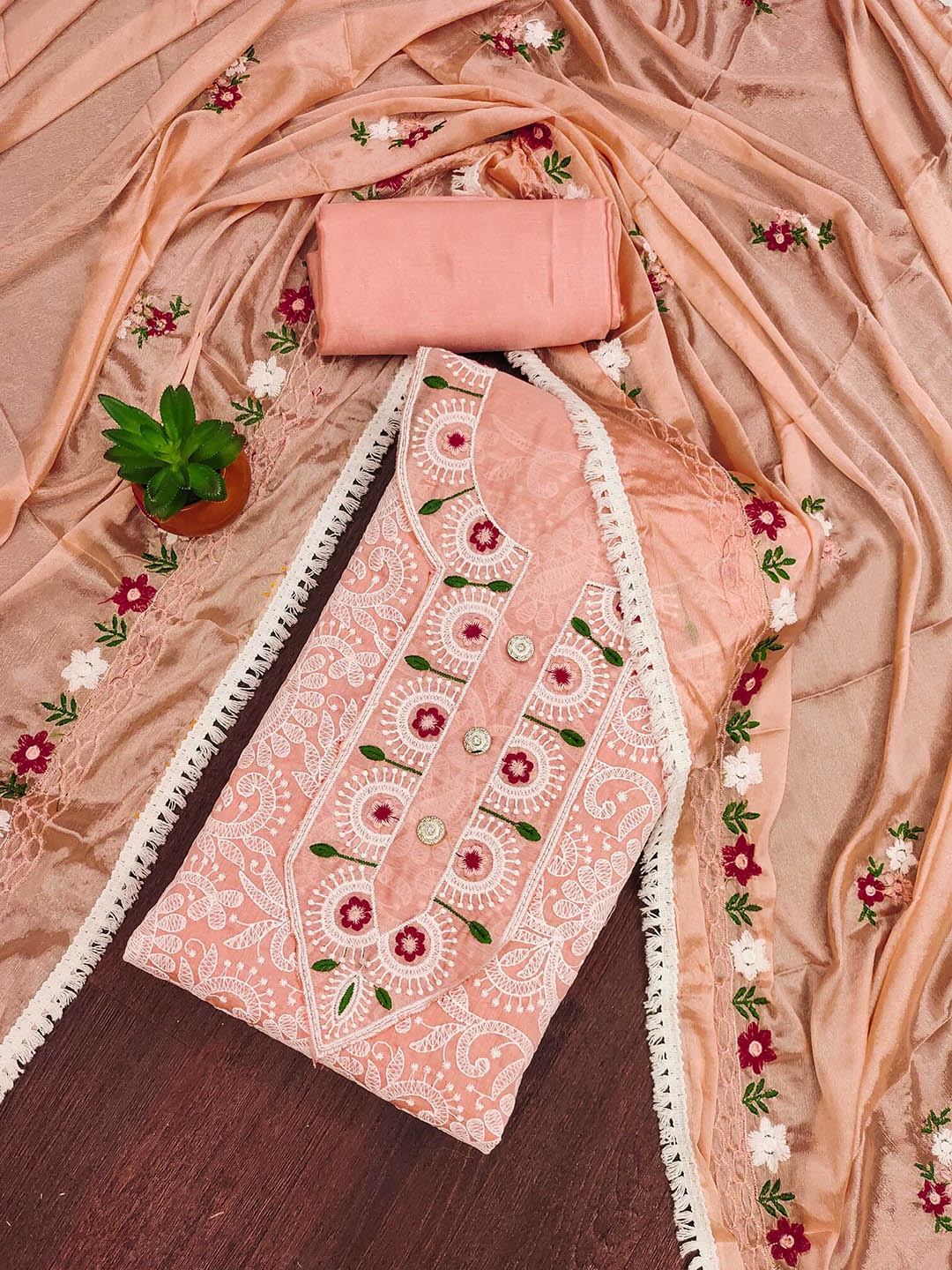 

SAINOOR Floral Embroidered Sequinned Chanderi Cotton Unstitched Dress Material, Peach