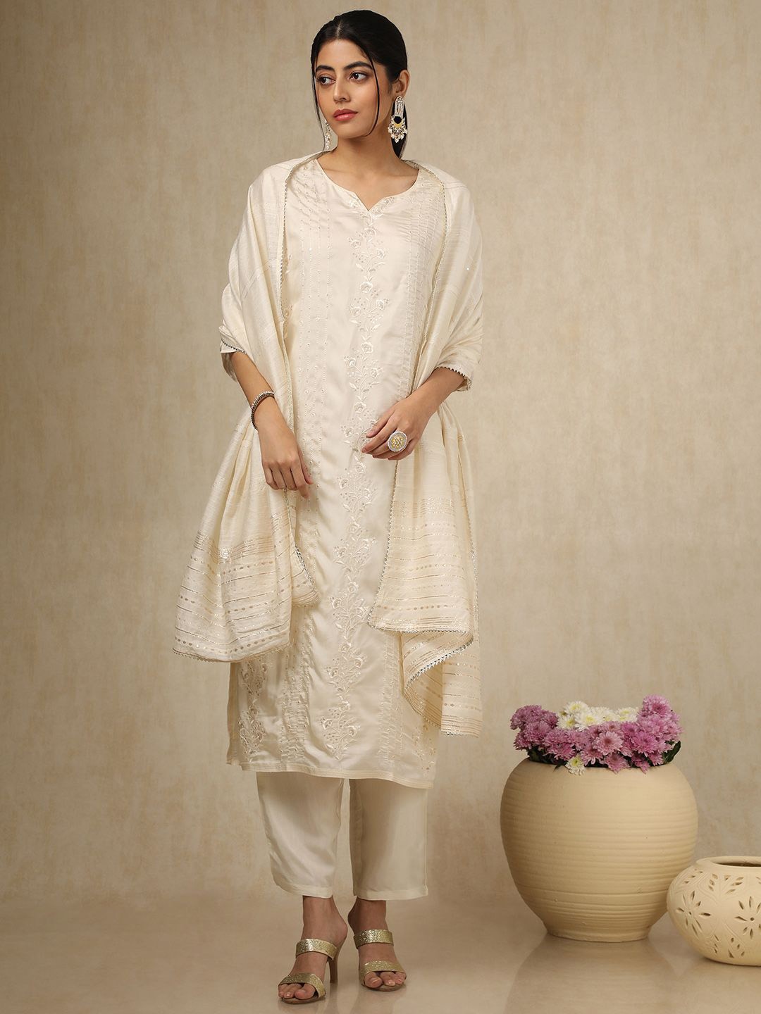 

Soch Floral Embroidered Notch Neck Sequinned Straight Kurta With Trouser & Dupatta, Off white