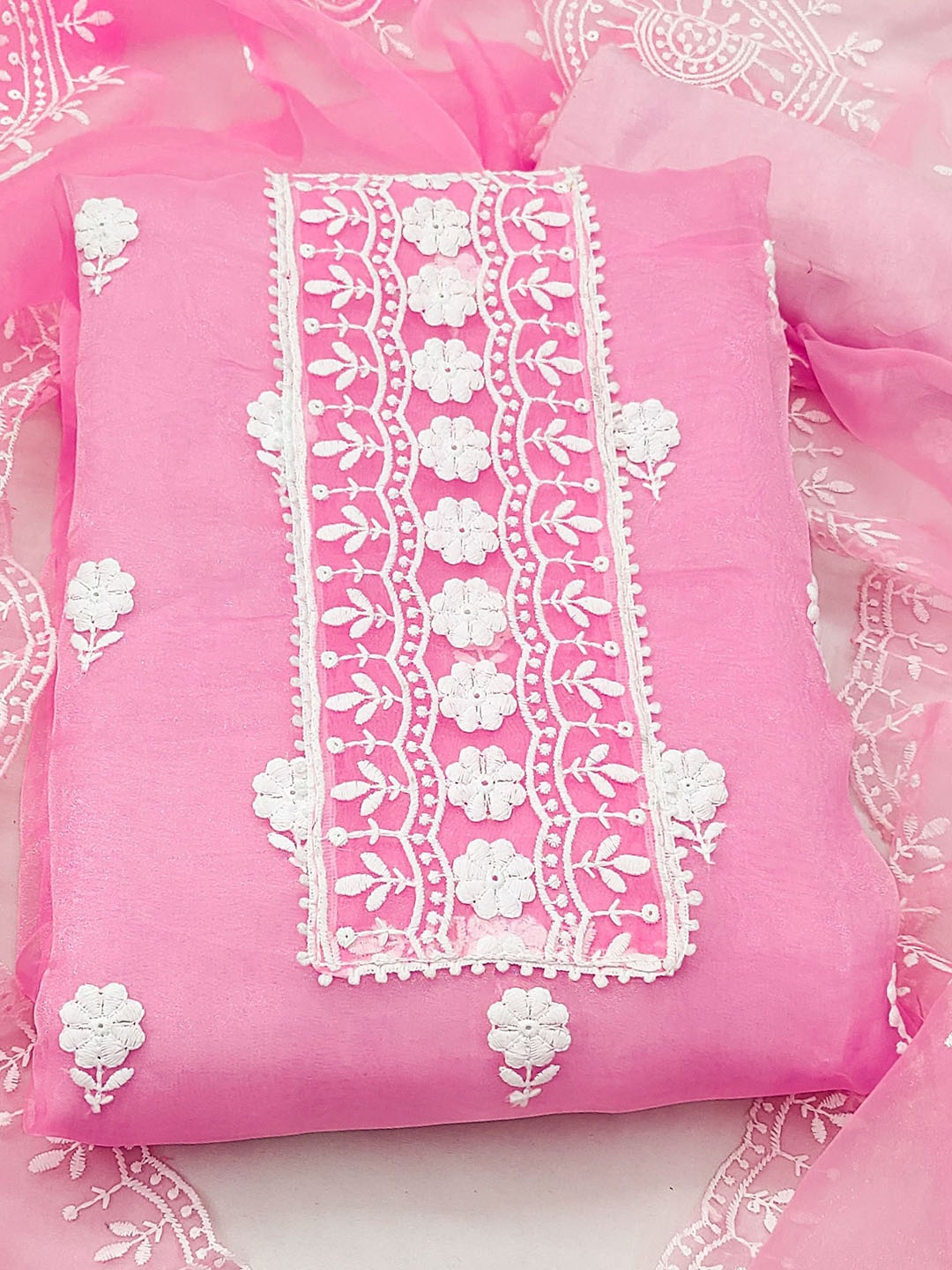 

SAINOOR Floral Embroidered Organza Semi-Stitched Dress Material, Pink