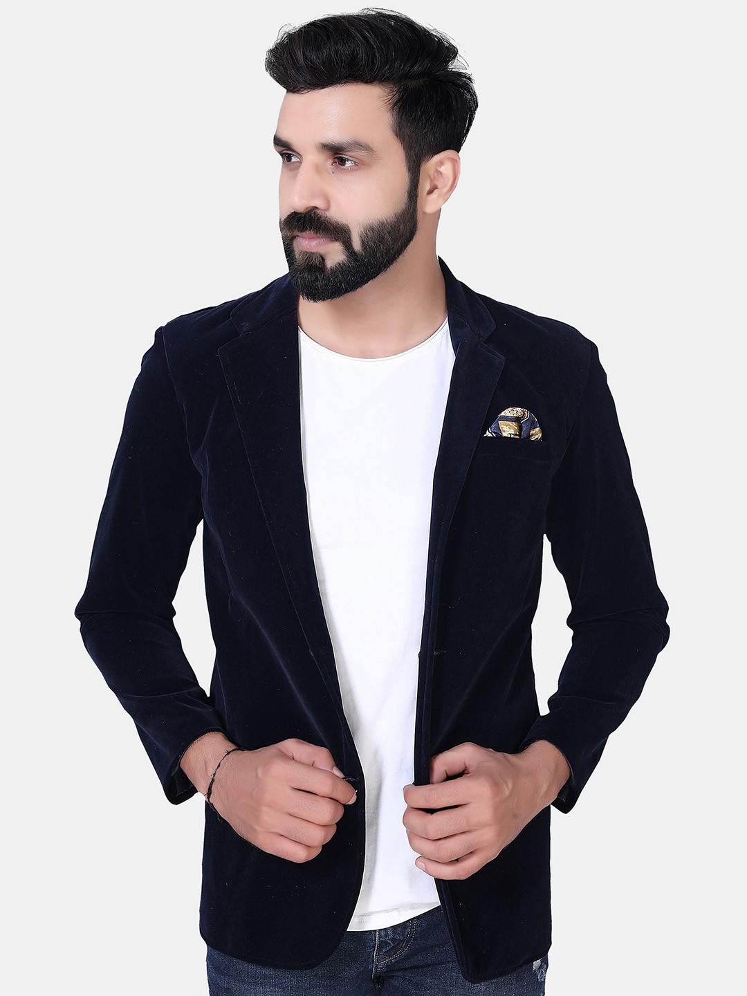 

Avaeta Notched Laple Collar Single-Breasted Velvet Blazer, Navy blue