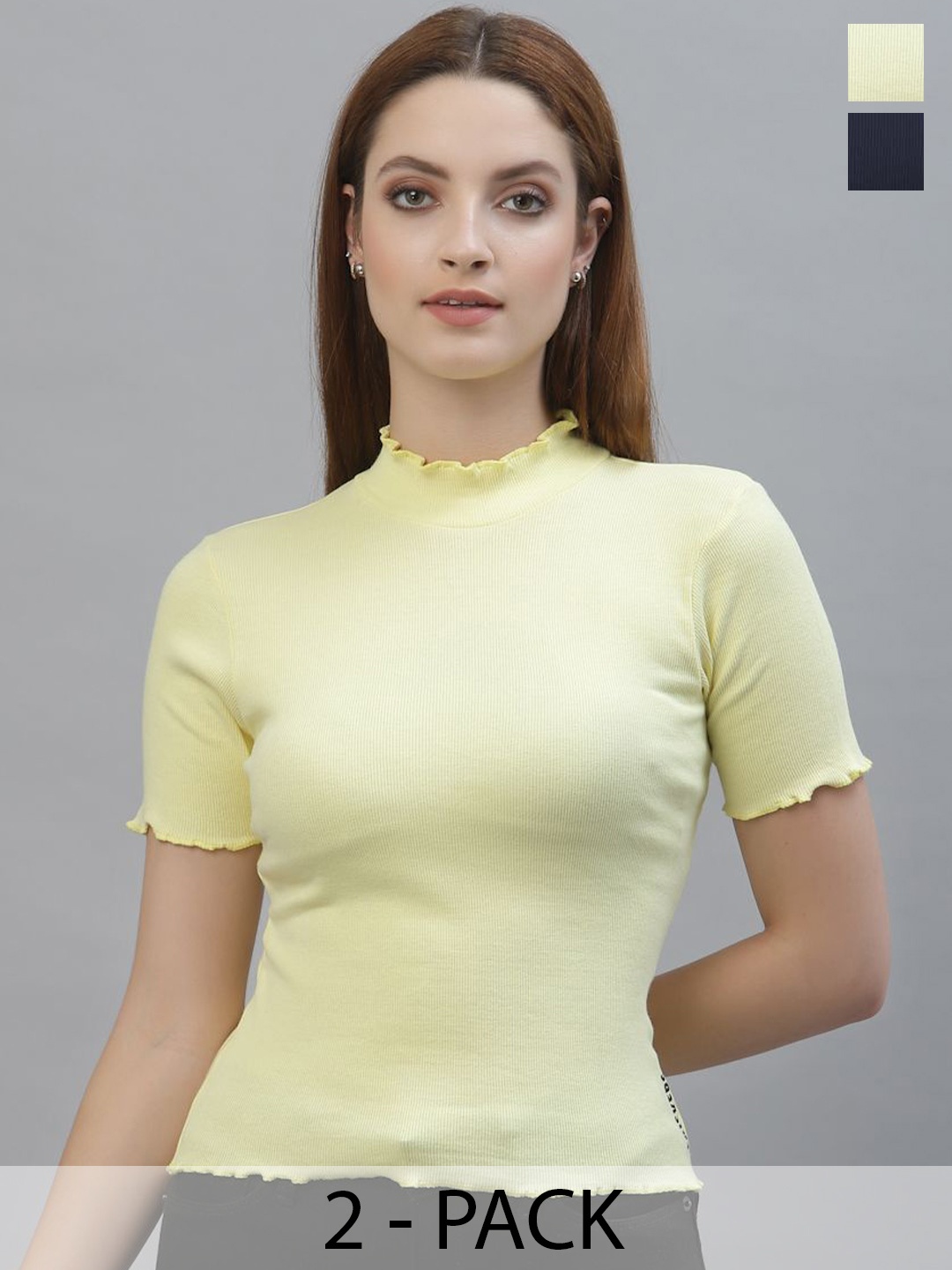 

Friskers Women Cotton Short Sleeves Solid Crop Top pack of 2, Yellow