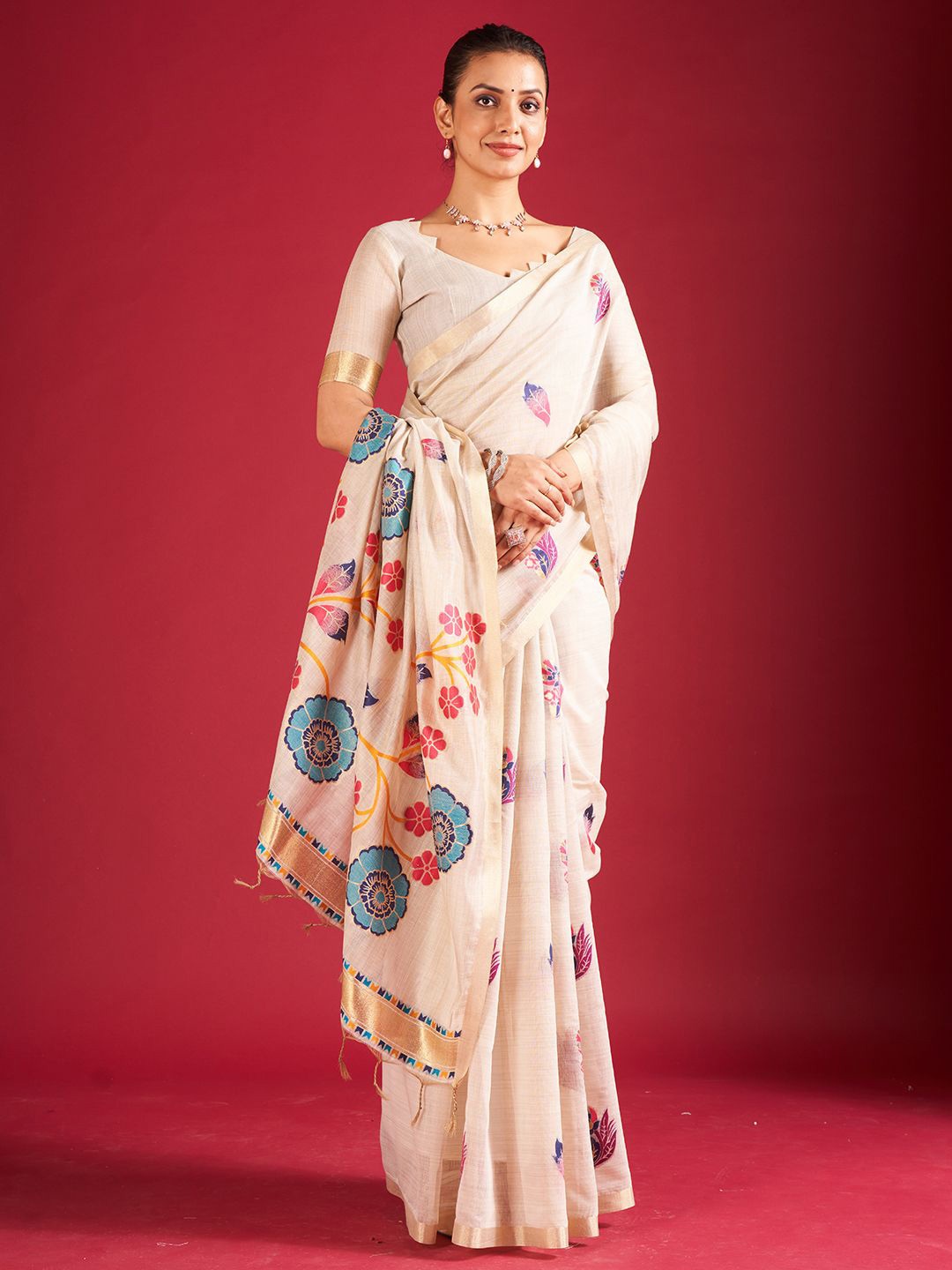 

SARHA Woven Design Floral Printed With Zari Border Chanderi Saree, Beige