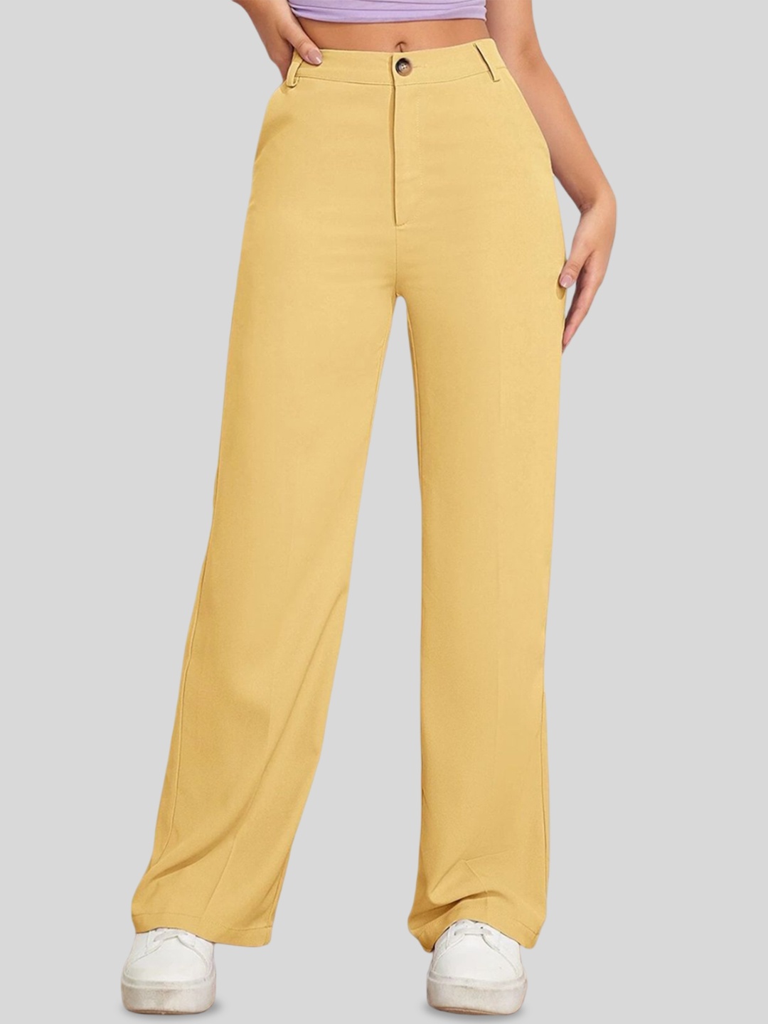 

FNOCKS Women Relaxed Straight Leg High-Rise Trousers, Yellow