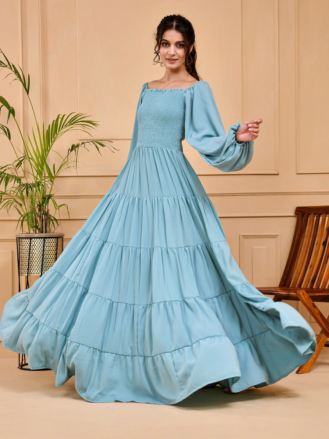 

DRESENCE Bishop Sleeve Smocked Tiered Georgette Fit & Flare Maxi Dress, Blue